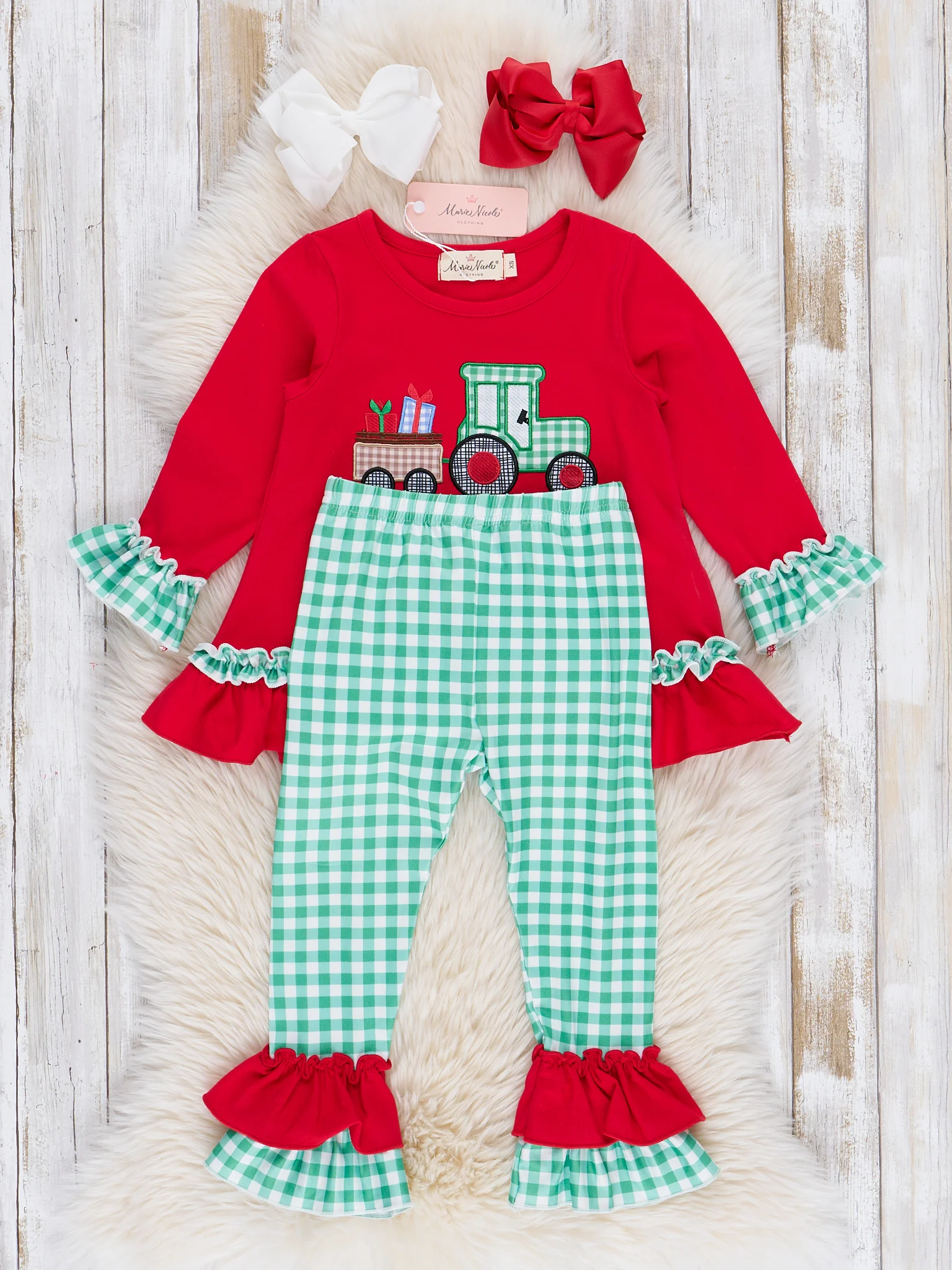 Red & Green Gingham Embroidered Holiday Tractor Ruffle Outfit - Image 3