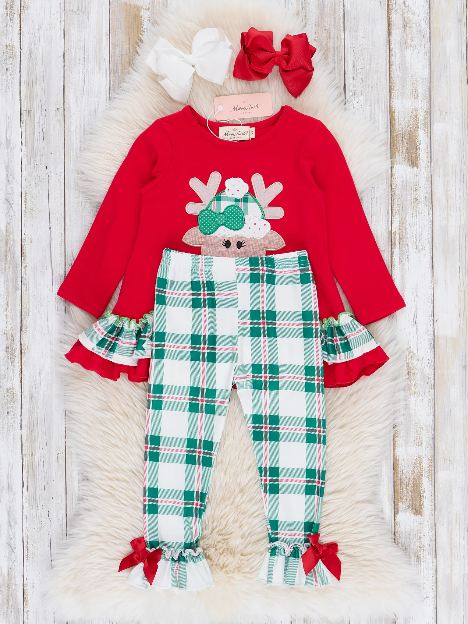 Red & Green Plaid Reindeer Ruffle Outfit - Image 3