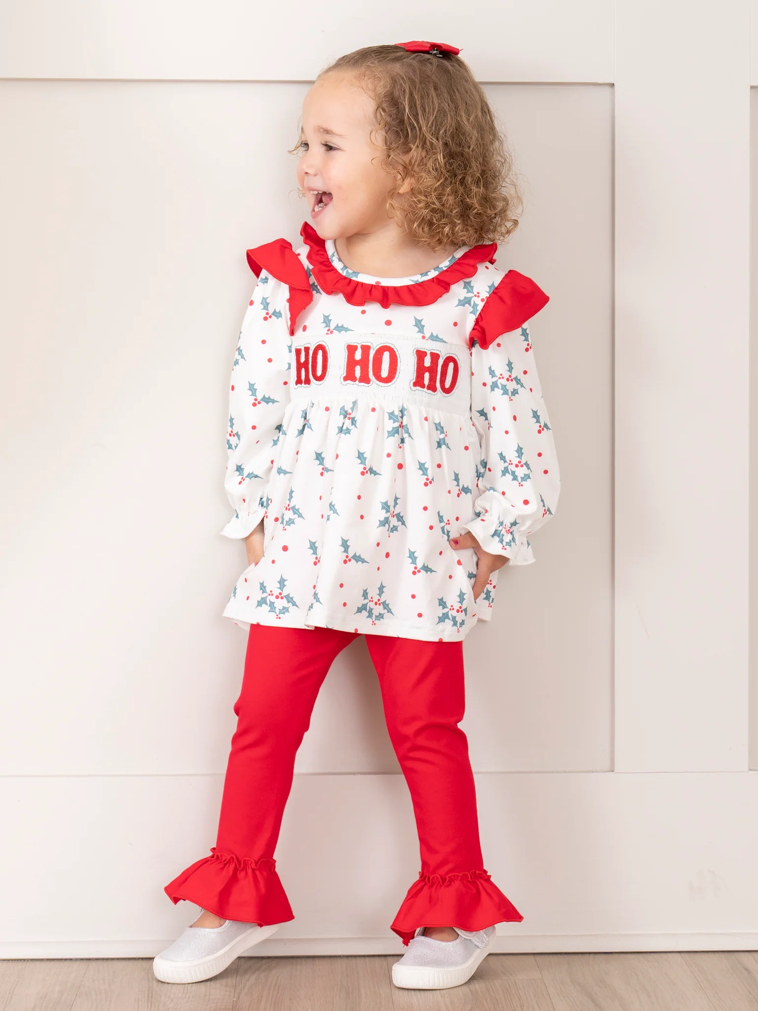 Red & Green Smocked "Ho Ho Ho" Ruffle Outfit - Image 3