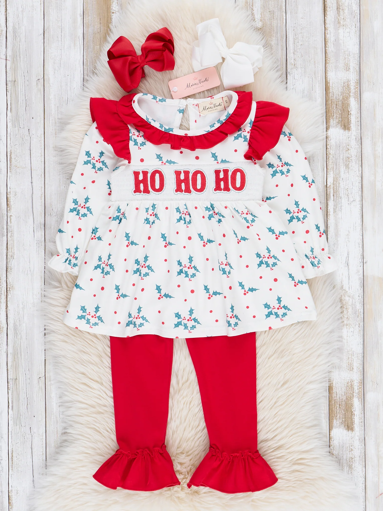 Red & Green Smocked "Ho Ho Ho" Ruffle Outfit - Image 4