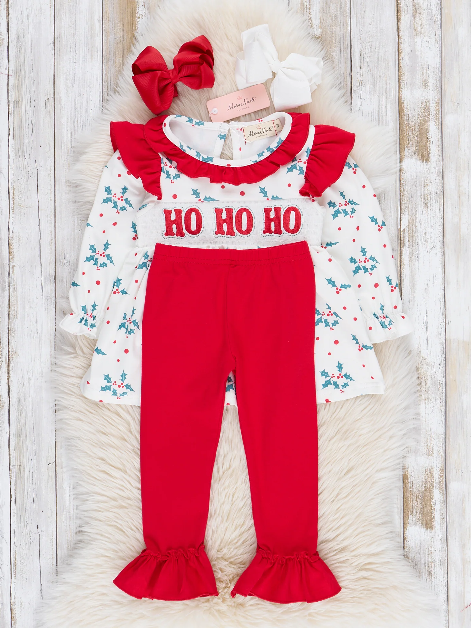 Red & Green Smocked "Ho Ho Ho" Ruffle Outfit - Image 5