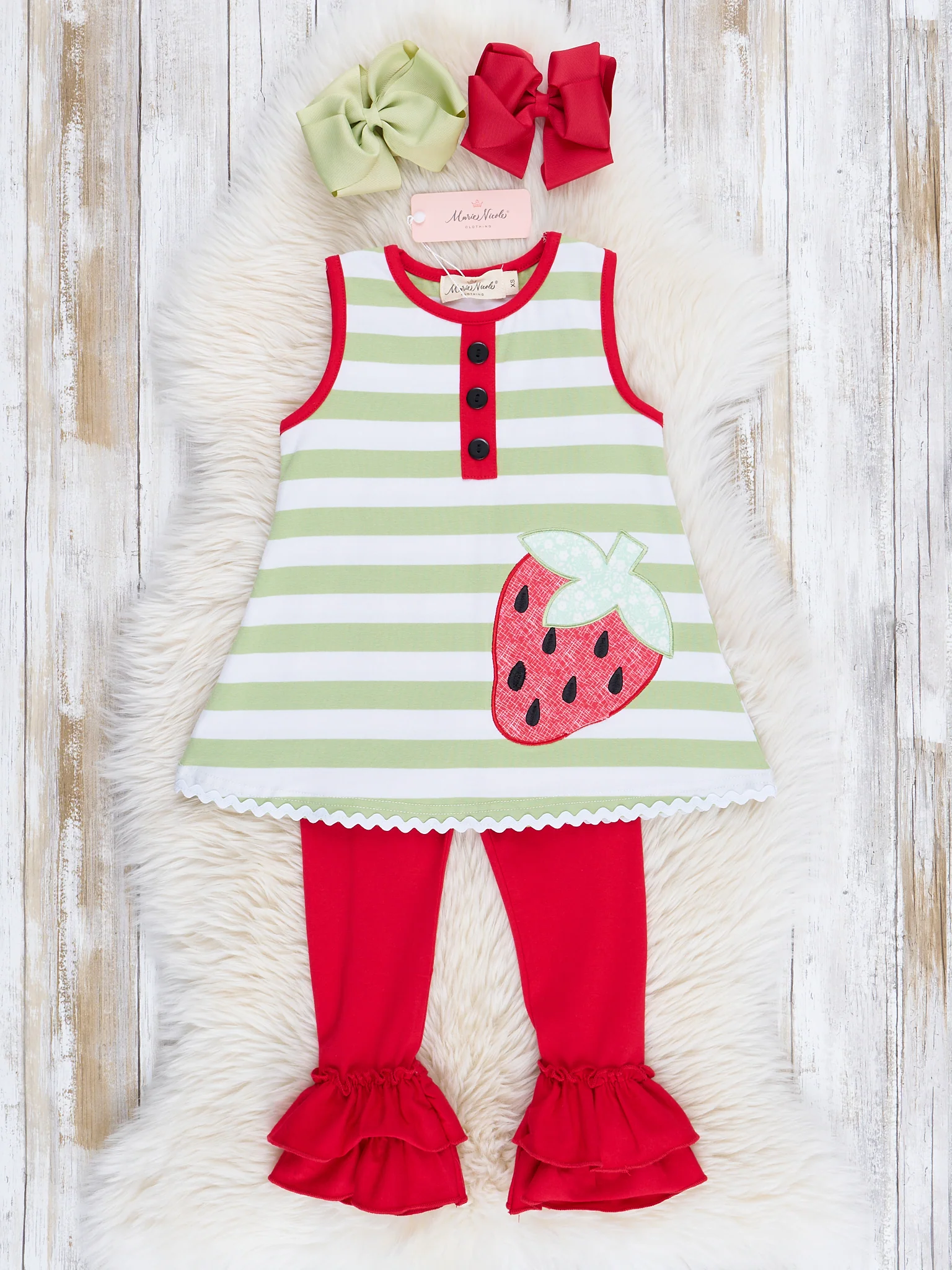 Red & Green Stripes Embroidered Strawberry Outfit