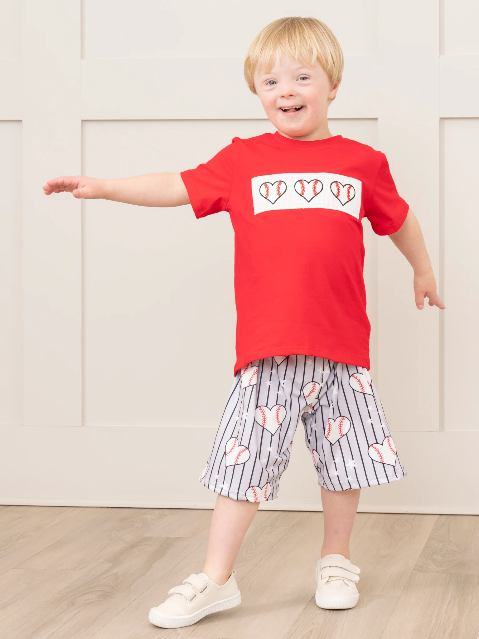 Red & Grey Stripes Smocked Baseball Outfit - Image 2