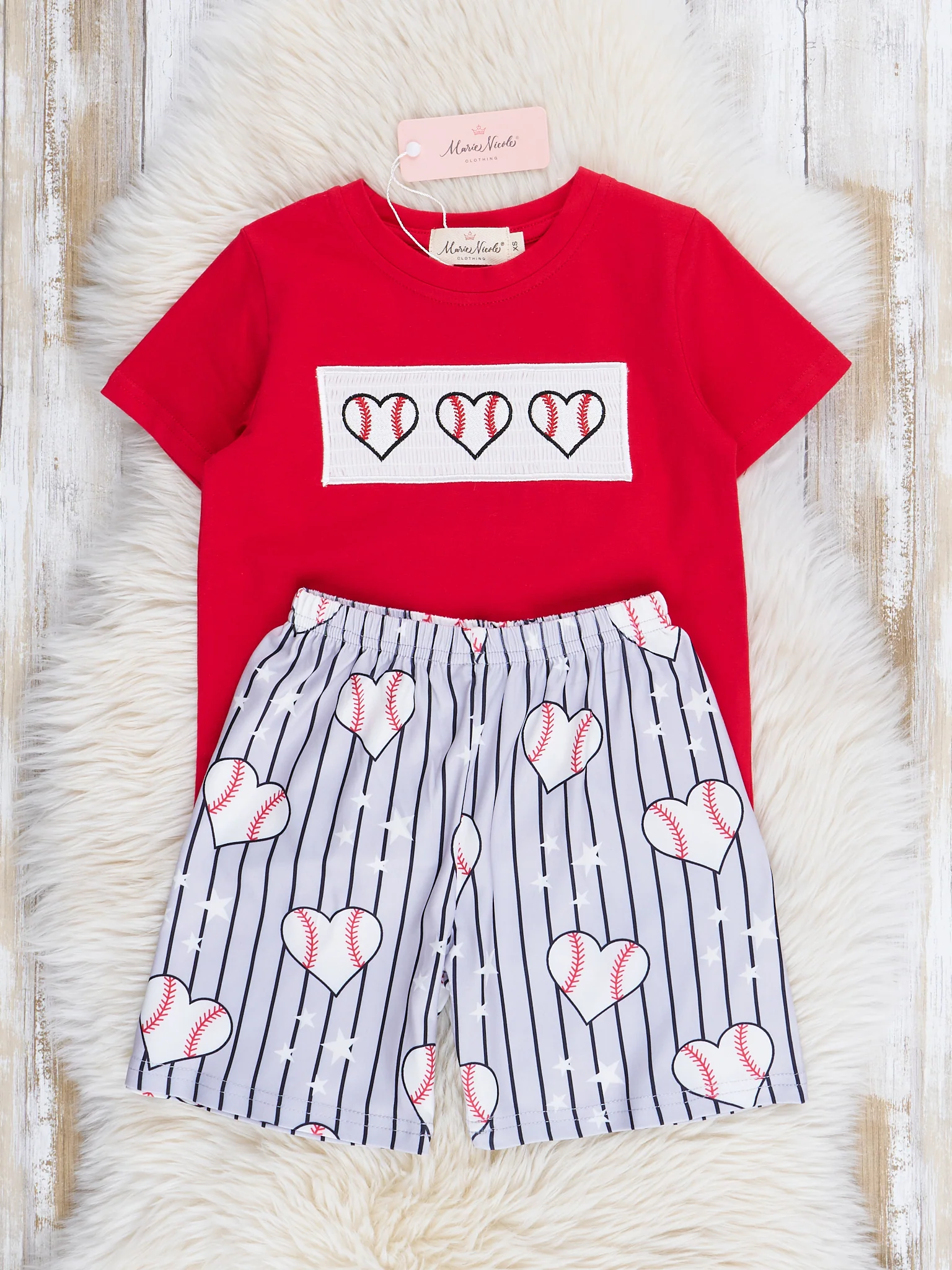 Red & Grey Stripes Smocked Baseball Outfit - Image 3
