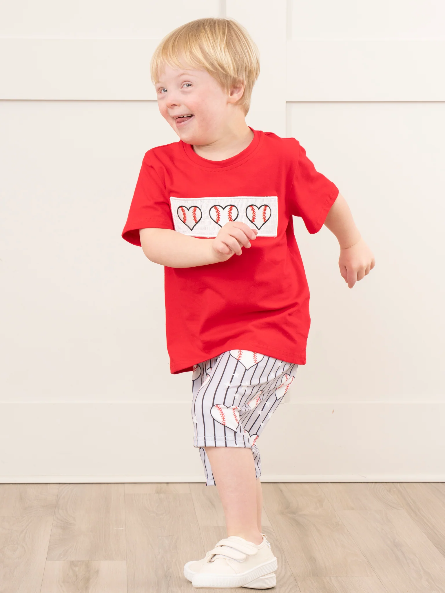 Red & Grey Stripes Smocked Baseball Outfit - Image 4