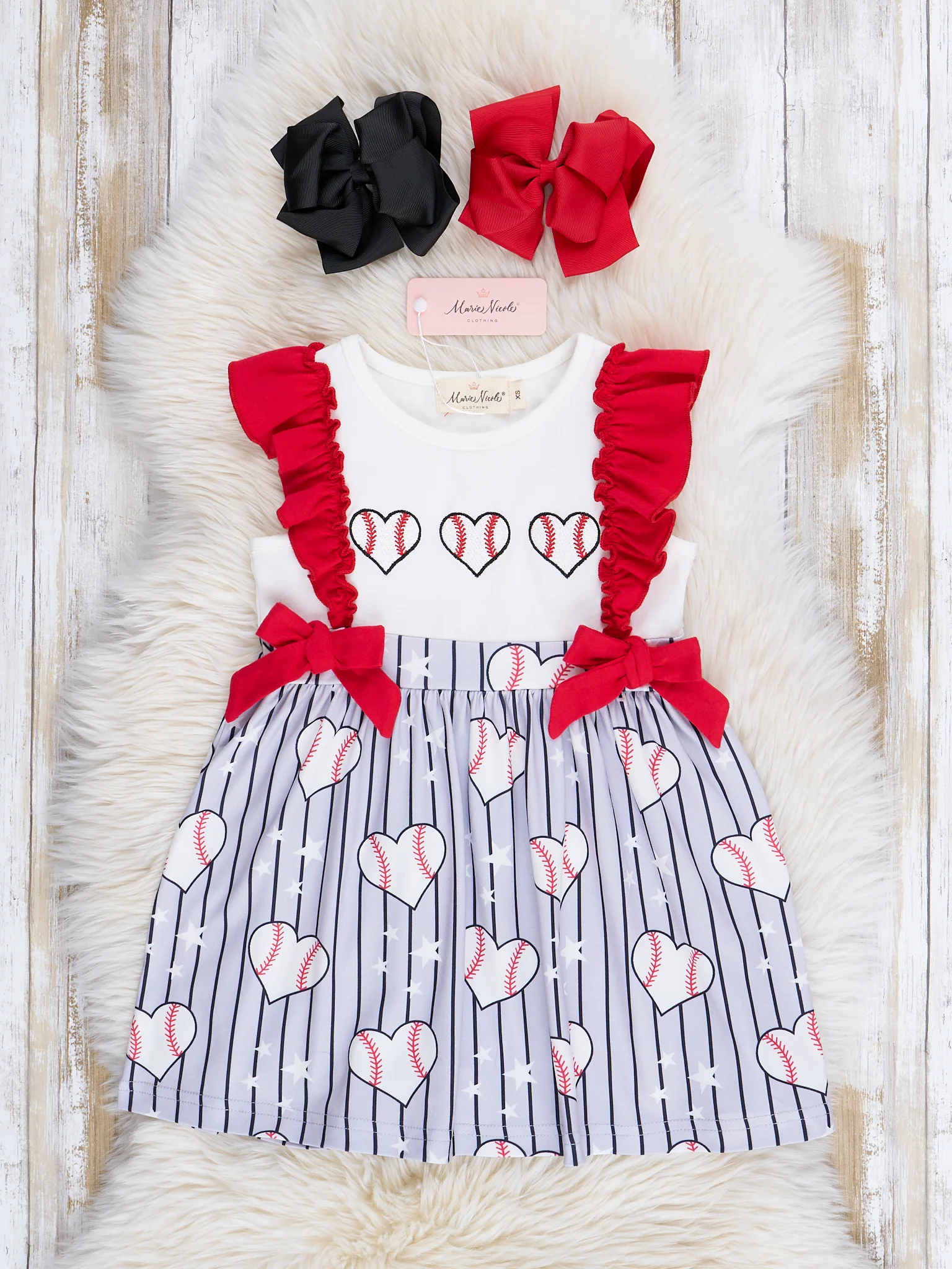 Red & Grey Stripes Smocked Baseball Ruffle Dress - Image 2