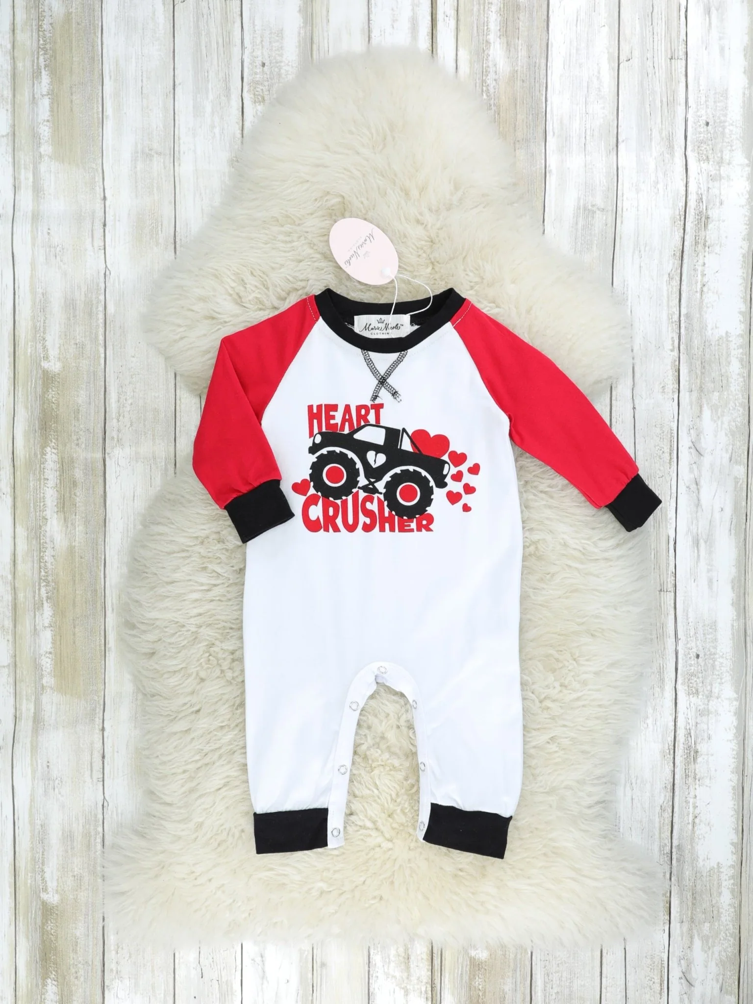 Red "Heart Crusher" Monster Truck Raglan Romper