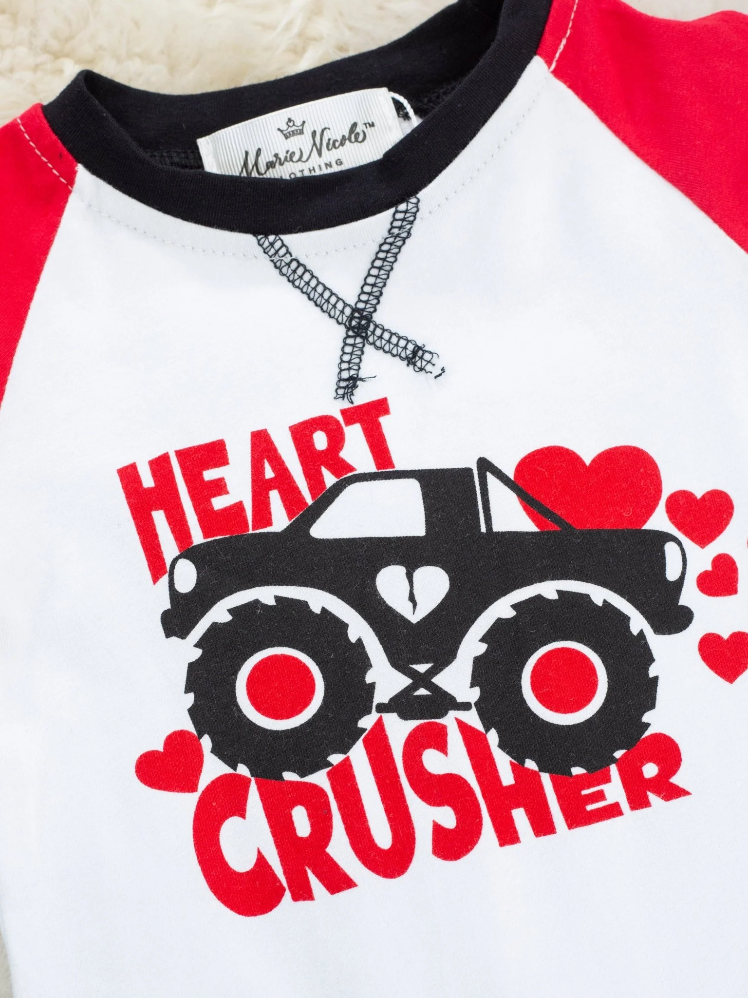 Red "Heart Crusher" Monster Truck Raglan Romper - Image 3