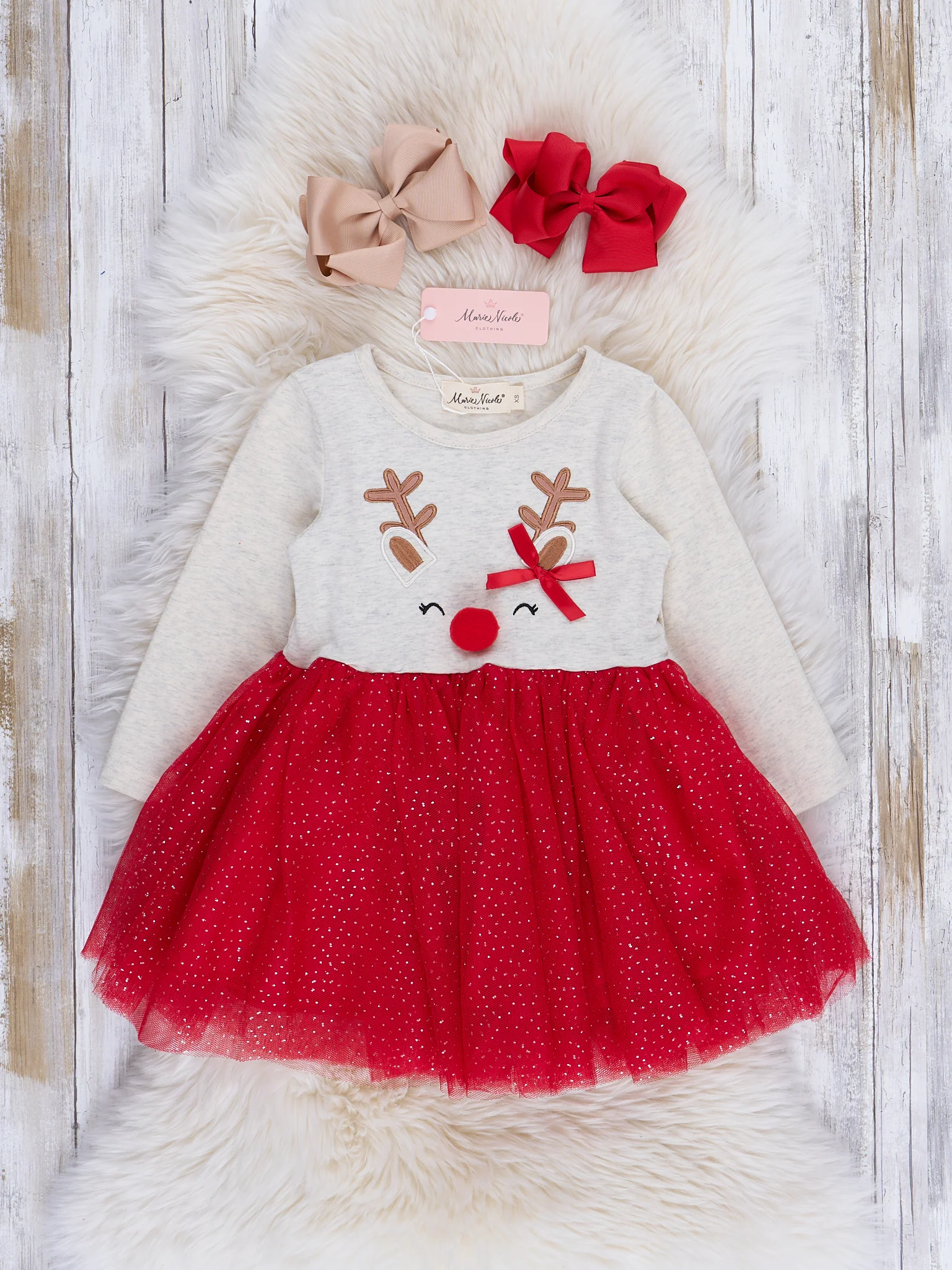 Red & Heathered Oatmeal Reindeer Sparkle Tulle Dress