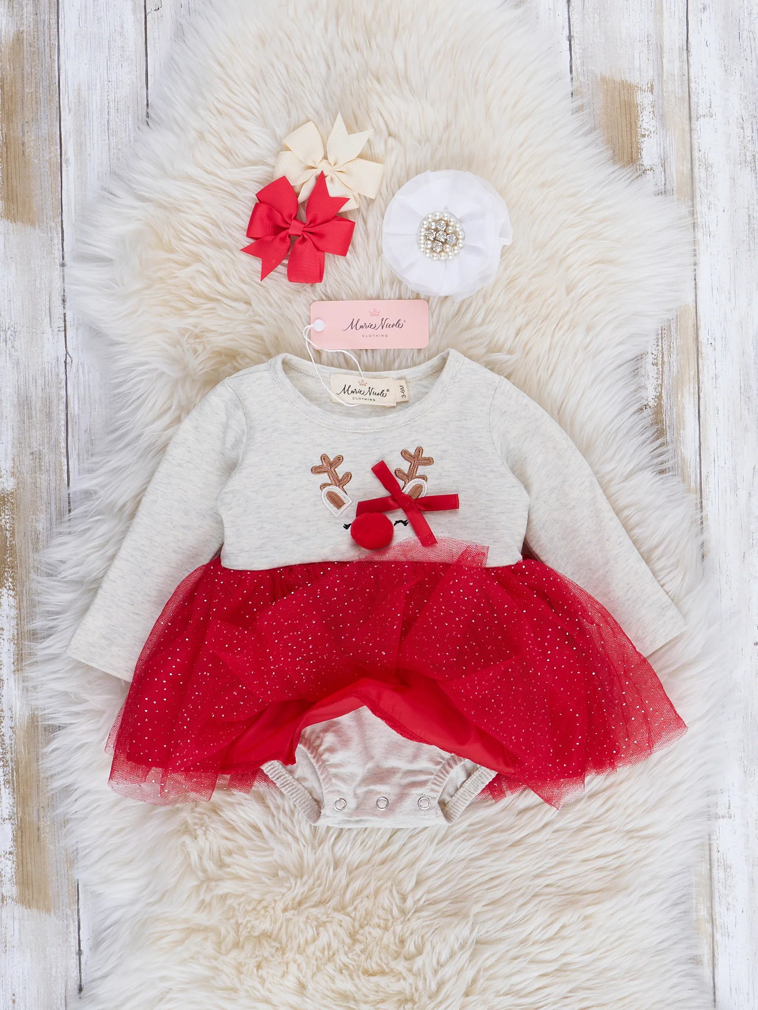 Red & Heathered Oatmeal Reindeer Sparkle Tulle Romper - Image 2