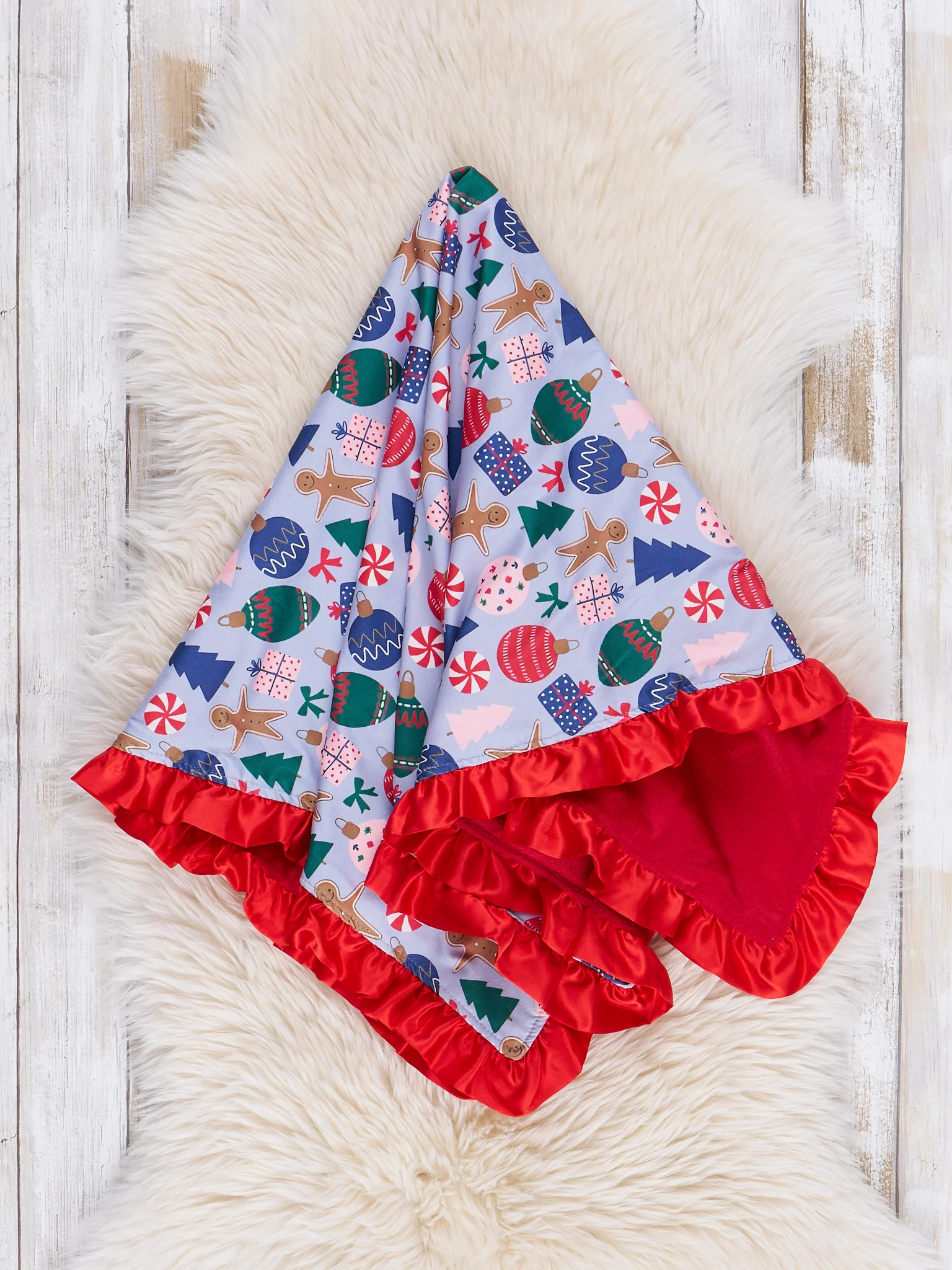 Red & Light Blue Holiday Joy Minky Ruffle Blanket
