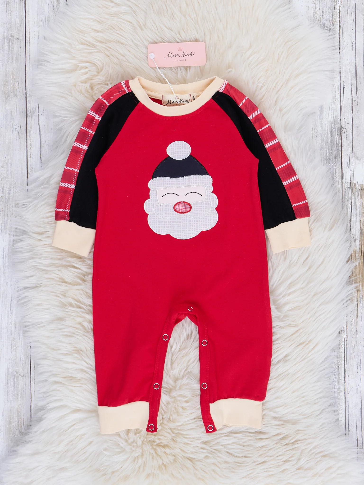 Red Mixed Print Embroidered Santa Romper