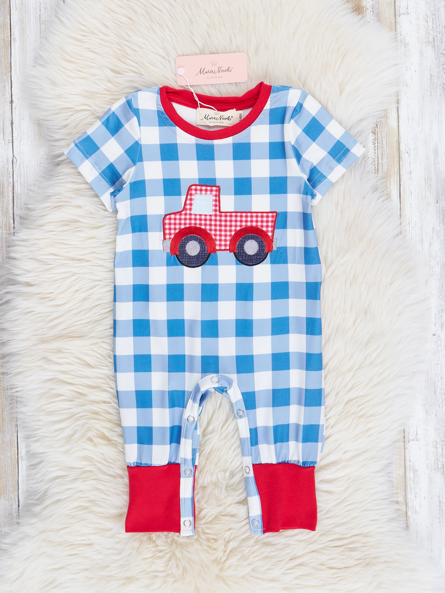 Red & Navy Truck Gingham Romper