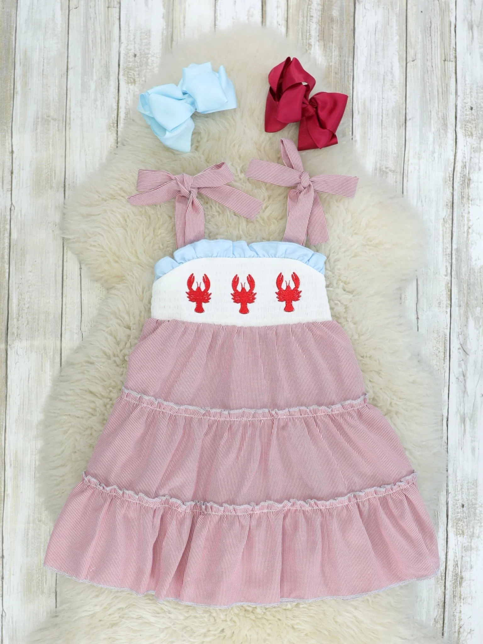 Red Pinstriped Lobster Smocked Ruffle Dress