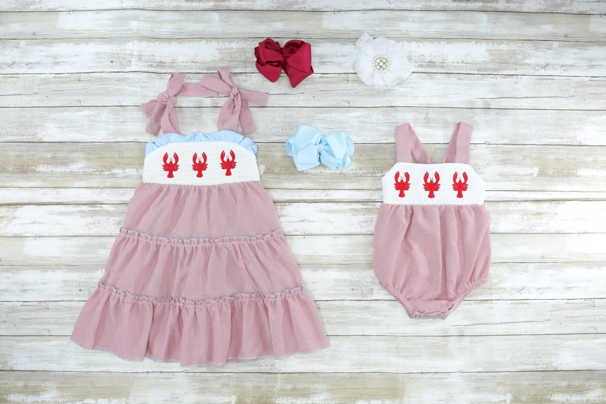 Red Pinstriped Lobster Smocked Ruffle Dress - Image 2