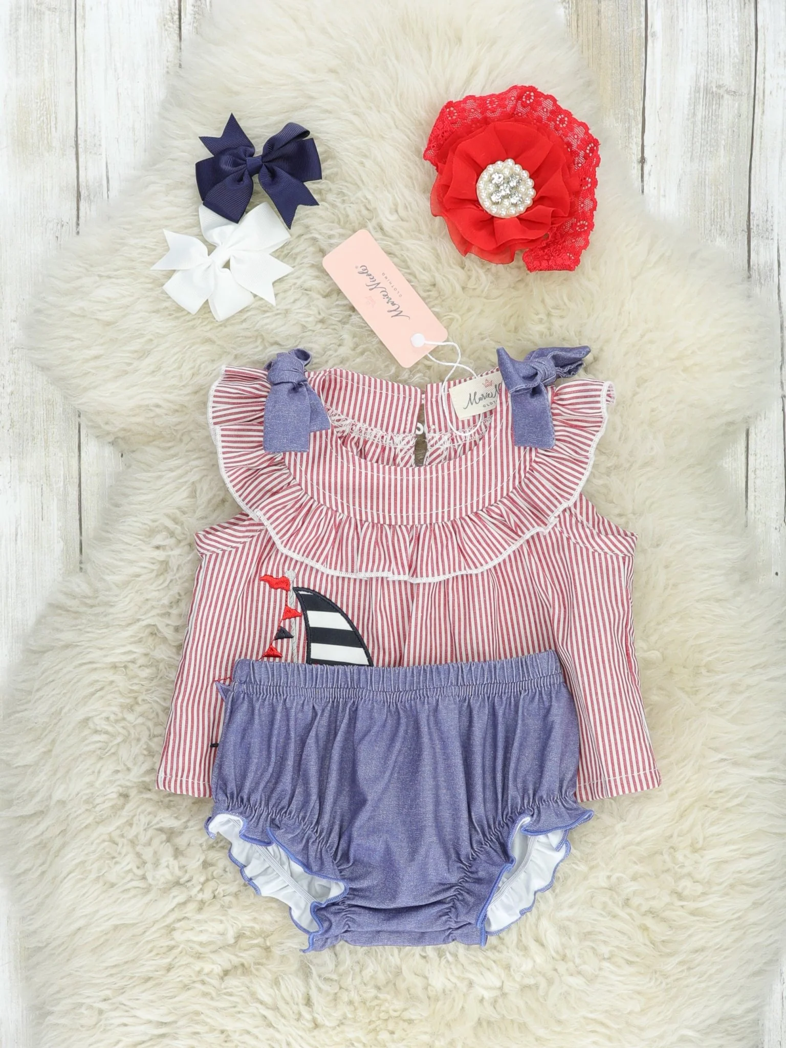 Red Pinstriped Sailboat Bloomers Outfit - Image 3
