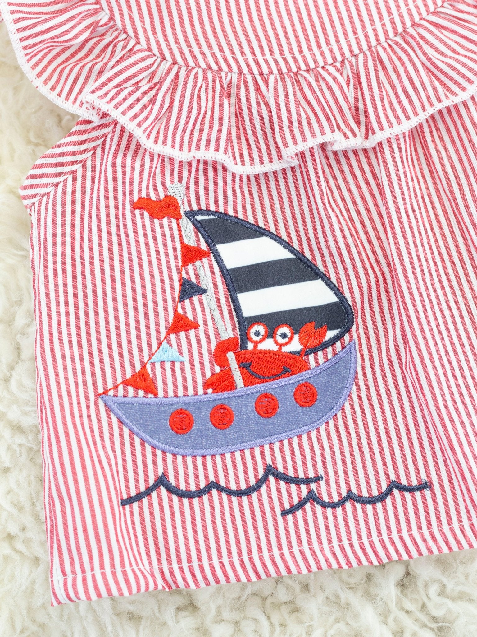 Red Pinstriped Sailboat Bloomers Outfit - Image 5