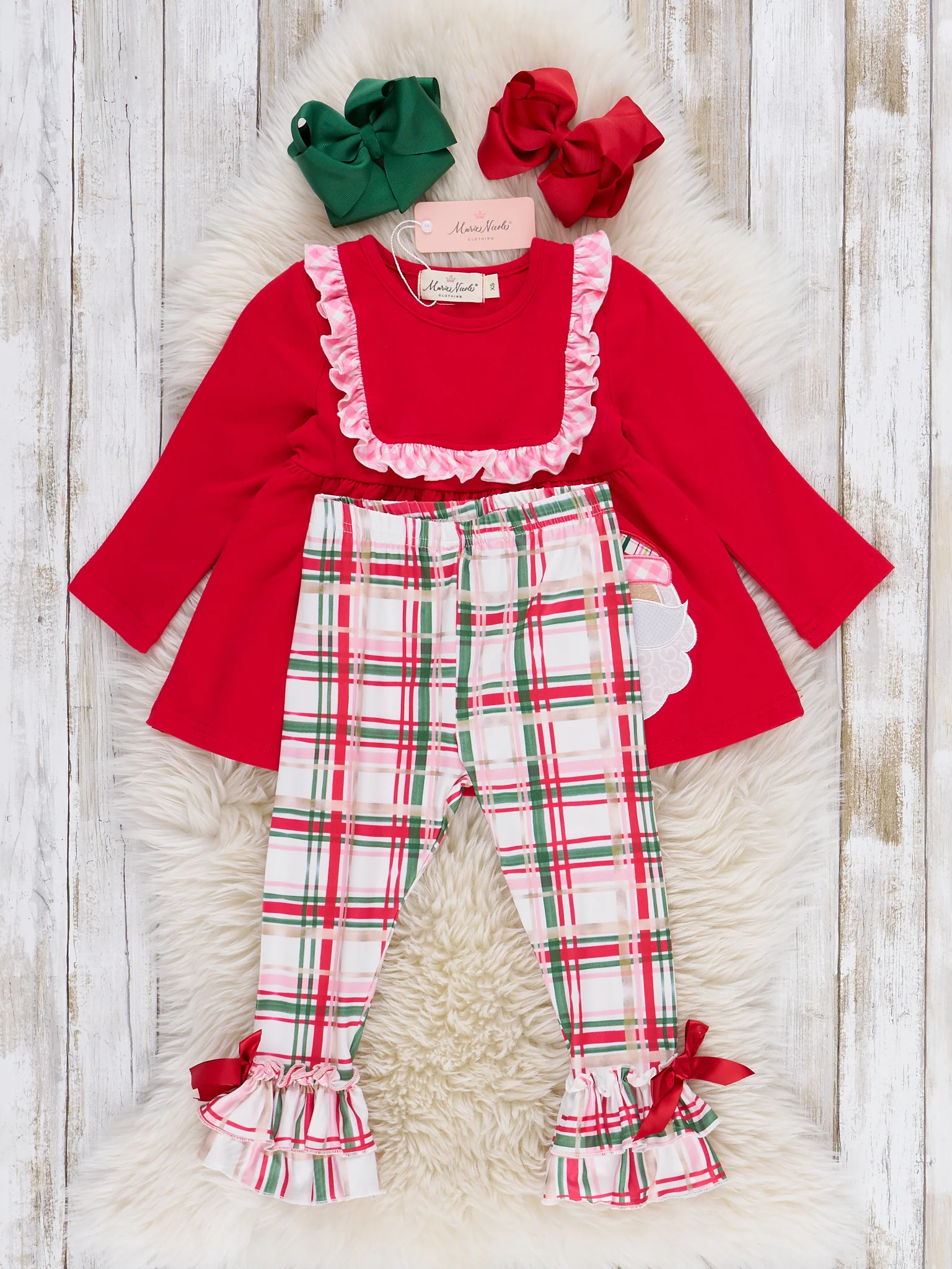Red Plaid Embroidered Santa Ruffle Outfit - Image 2
