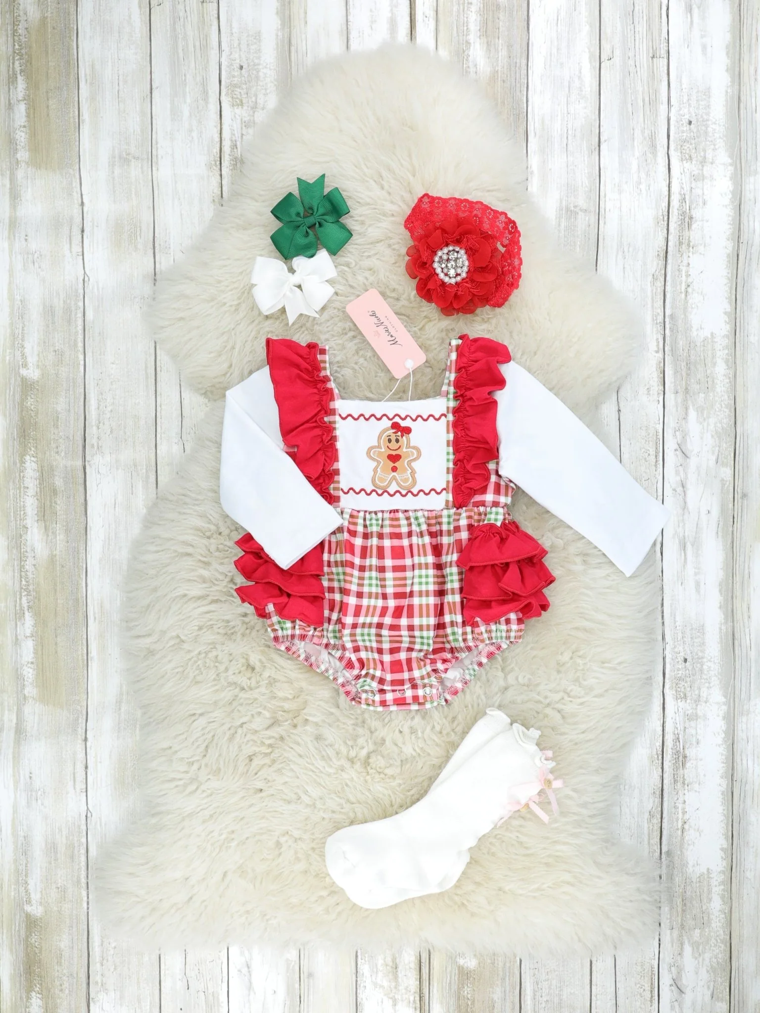 Red Plaid Gingerbread Bubble Ruffle Romper