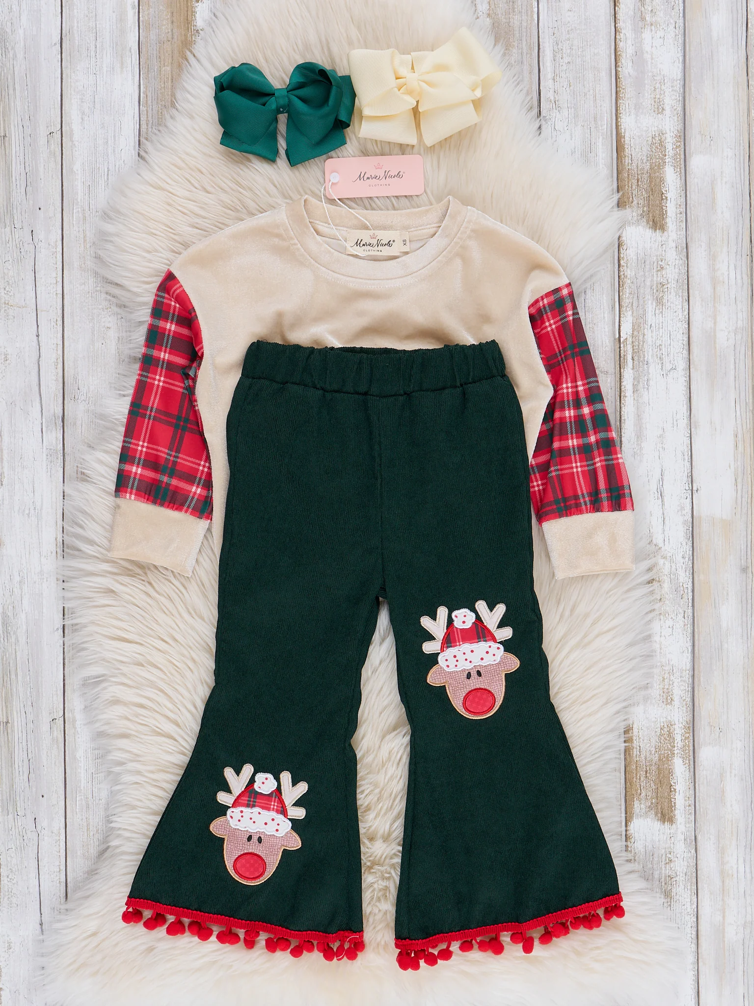 Red Plaid & Green Reindeer Cheer Bell Bottoms Outfit - Image 2