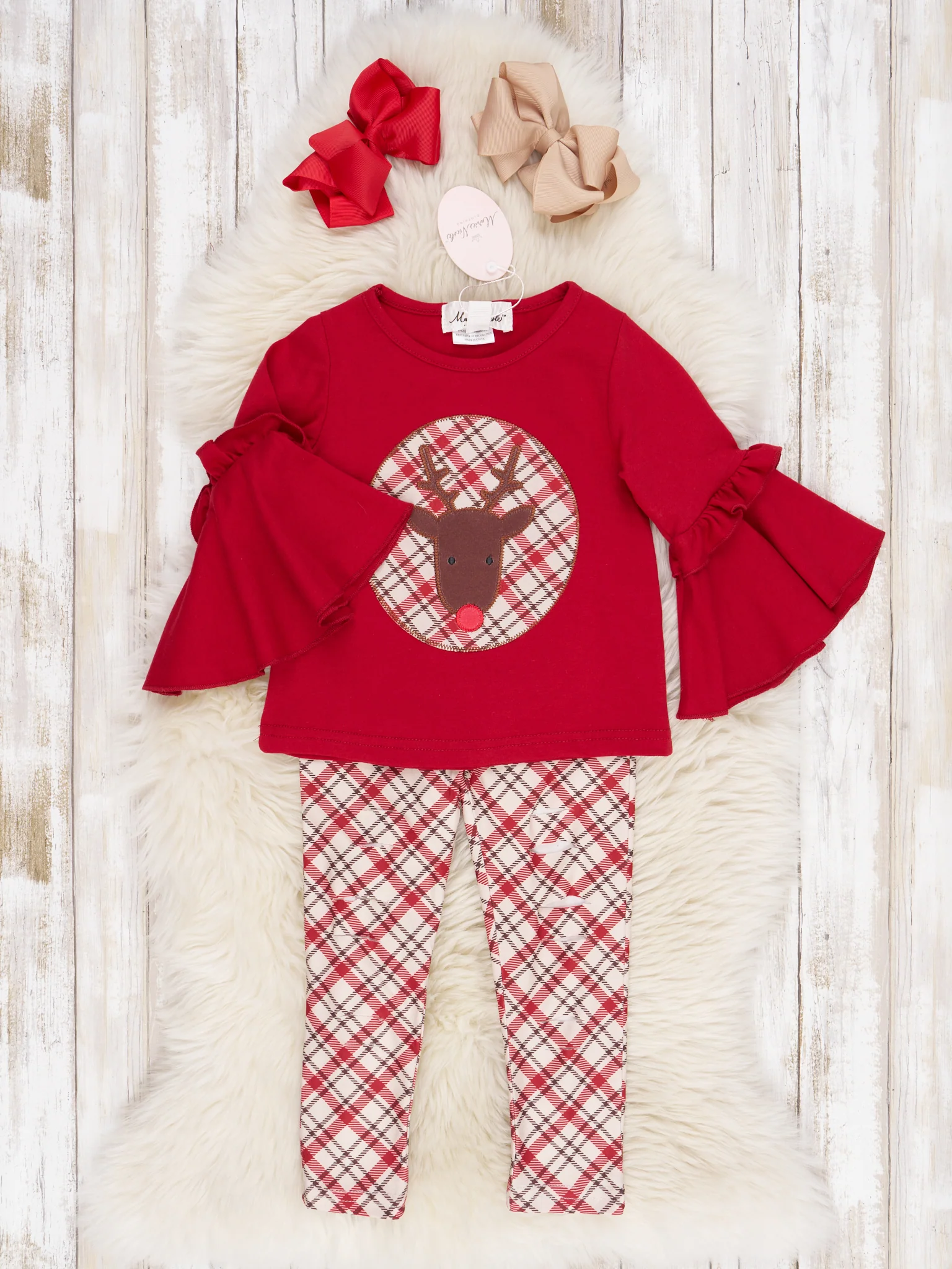 Red Plaid Reindeer Bell Sleeve Outfit