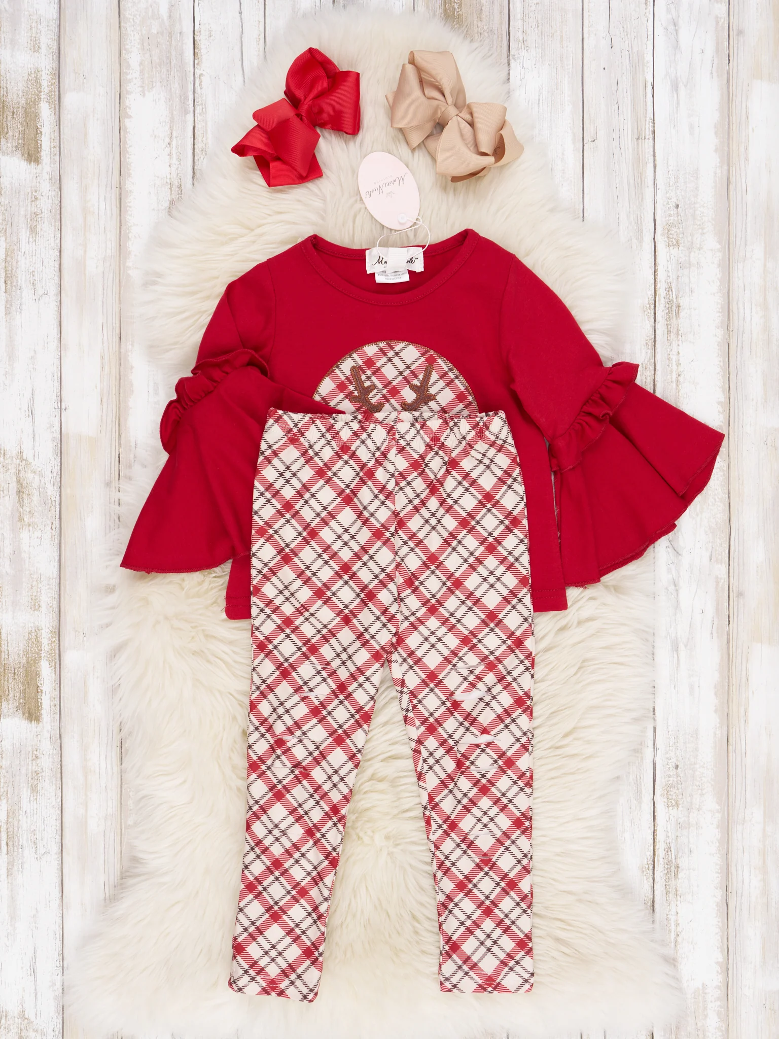 Red Plaid Reindeer Bell Sleeve Outfit - Image 2