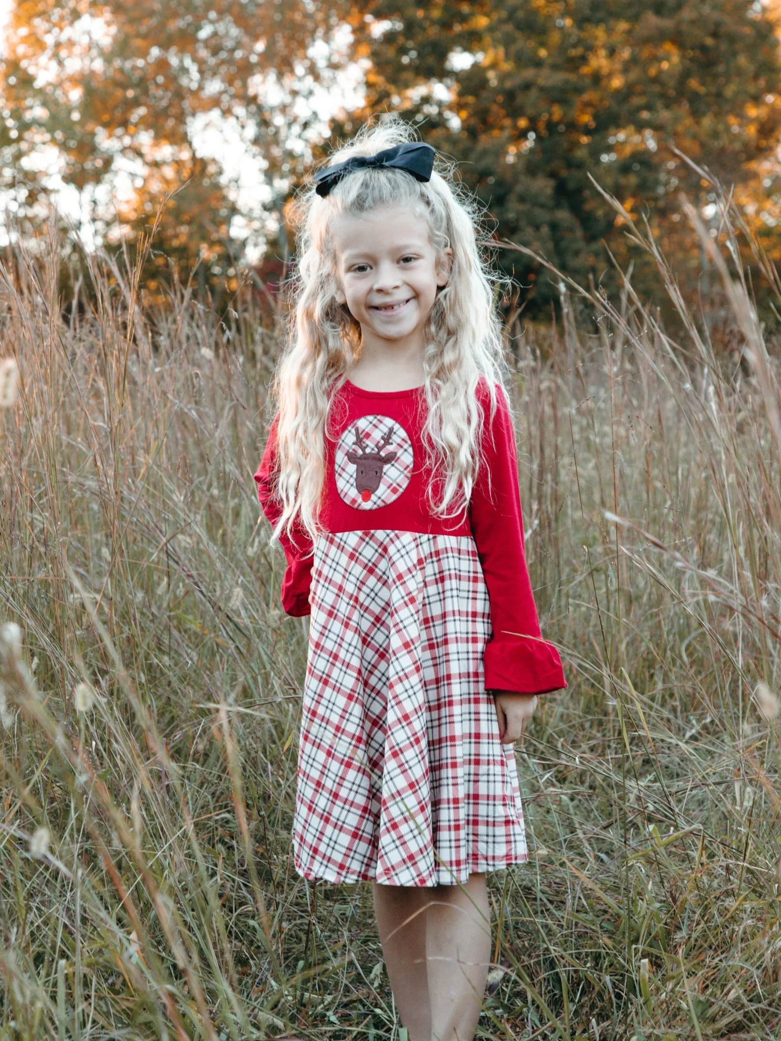 Red Plaid Reindeer Ruffle Dress
