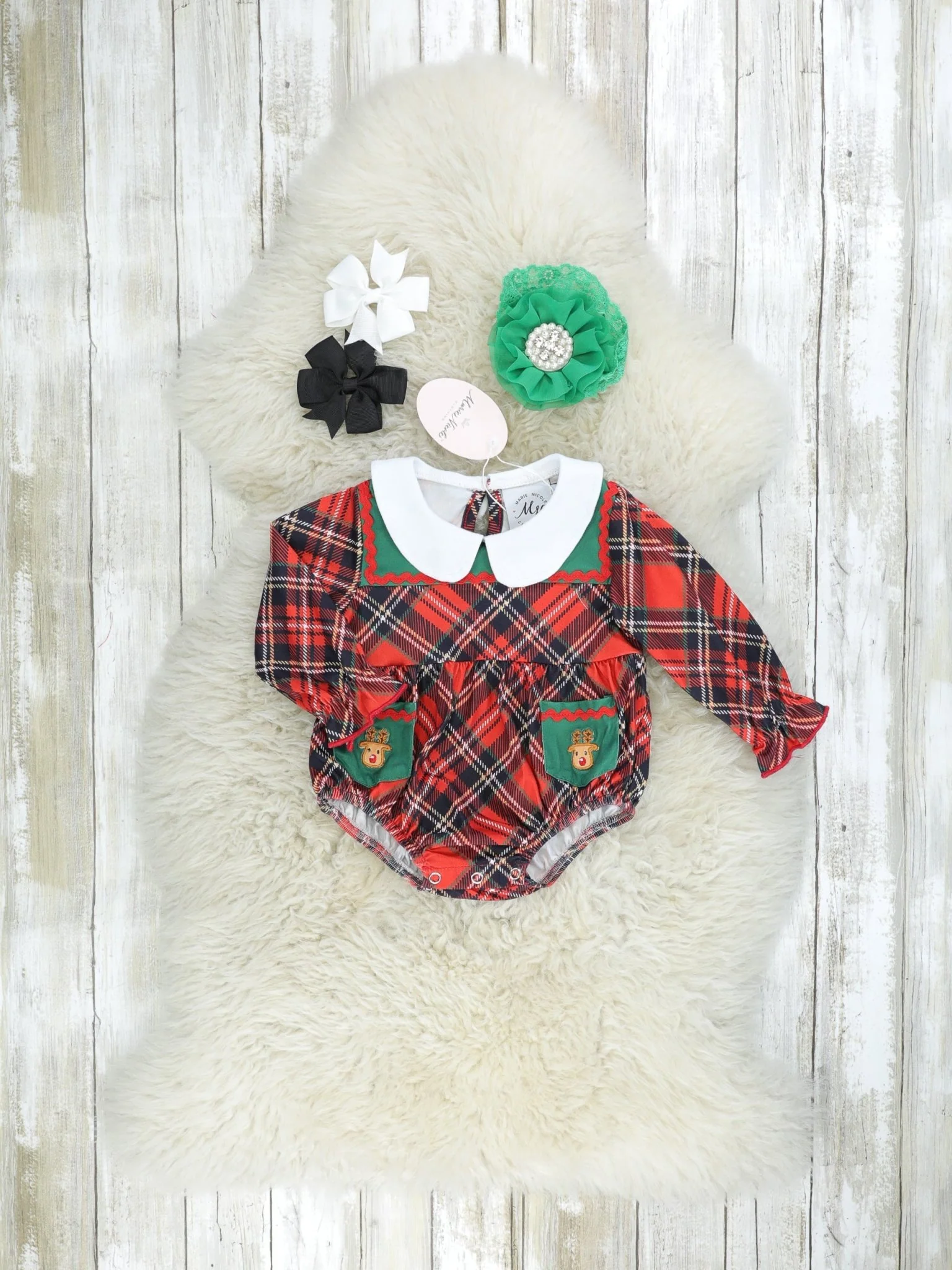 Red Plaid Reindeer Vintage Pocket Romper - Image 3