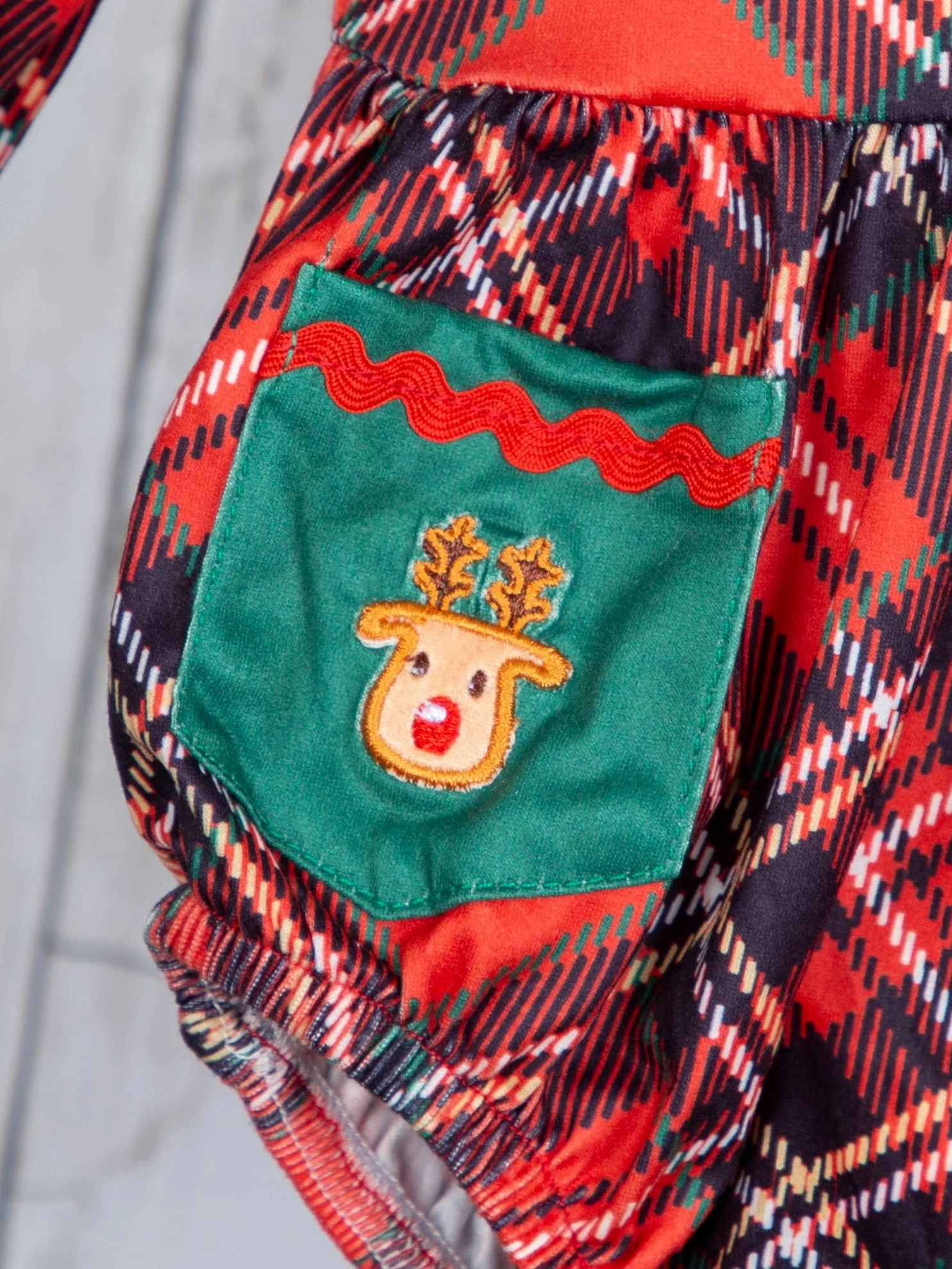 Red Plaid Reindeer Vintage Pocket Romper - Image 5