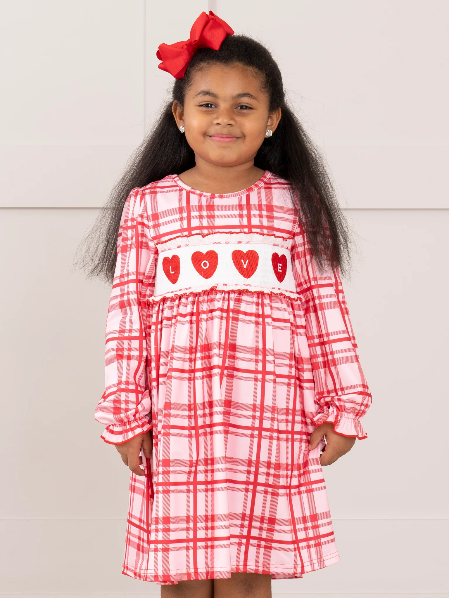 Red Plaid Smocked Hearts Ruffle Dress