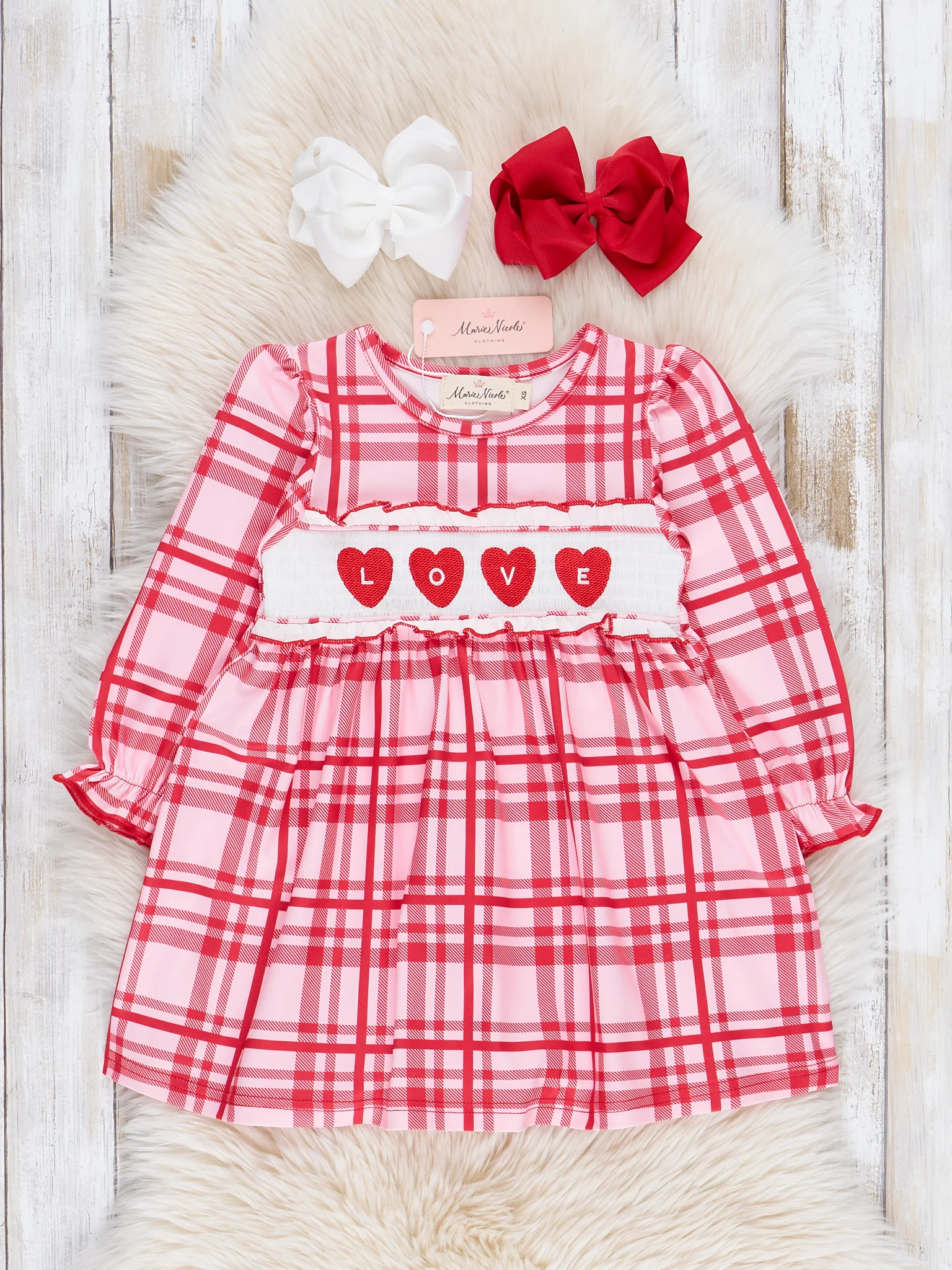 Red Plaid Smocked Hearts Ruffle Dress - Image 2