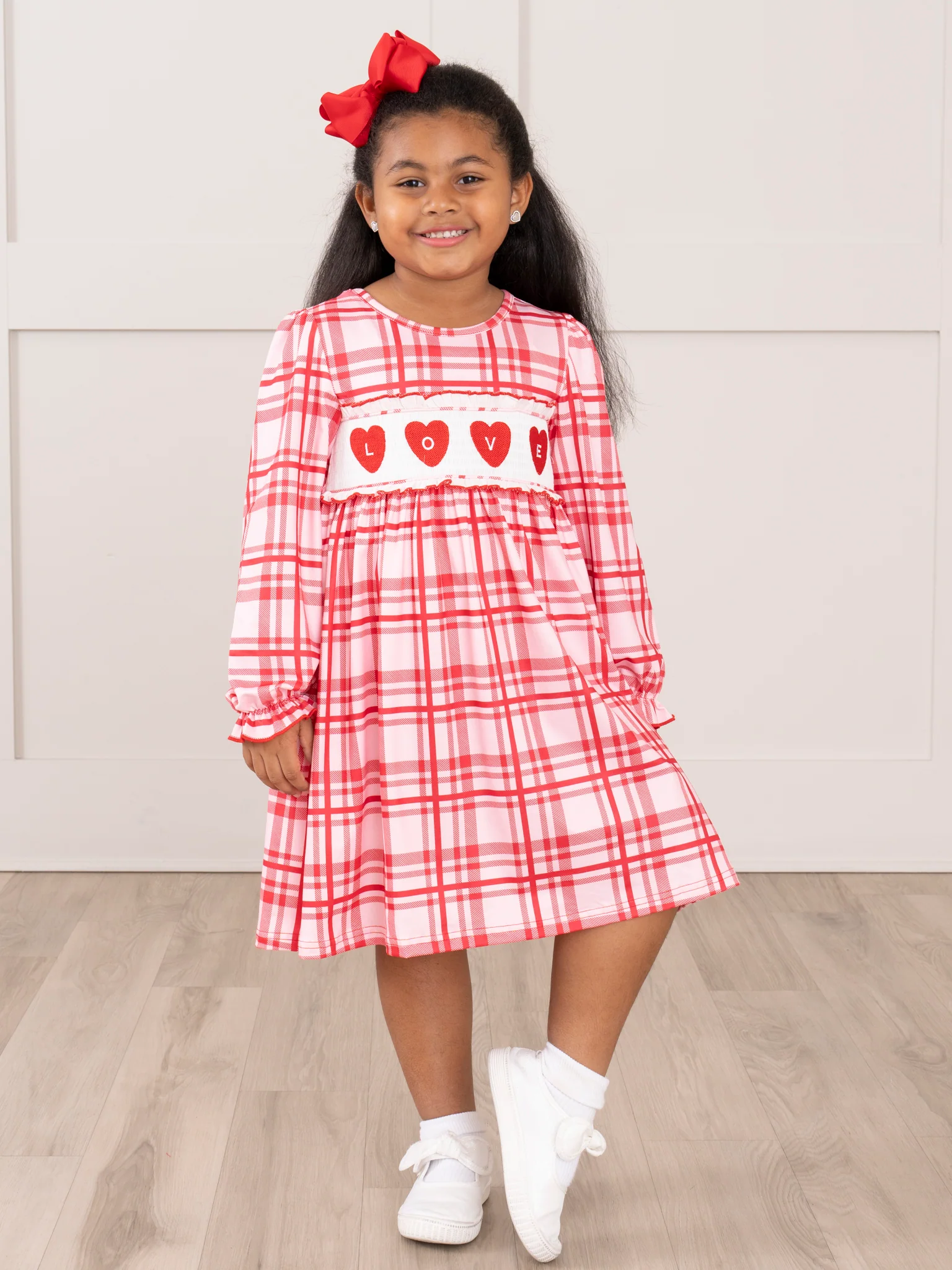 Red Plaid Smocked Hearts Ruffle Dress - Image 3