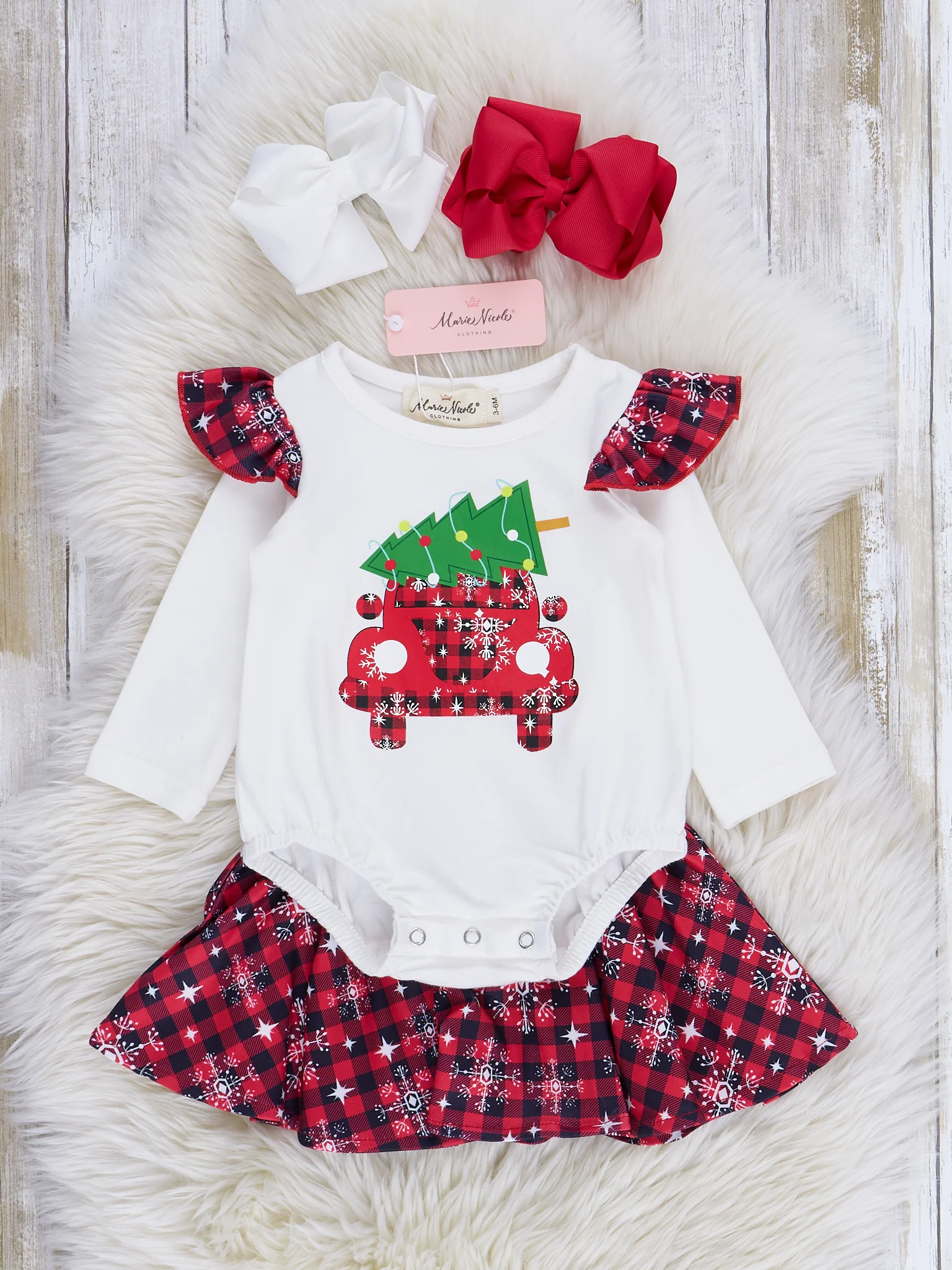 Red Plaid & Snowflakes Bubble w/ Skirt - Image 2