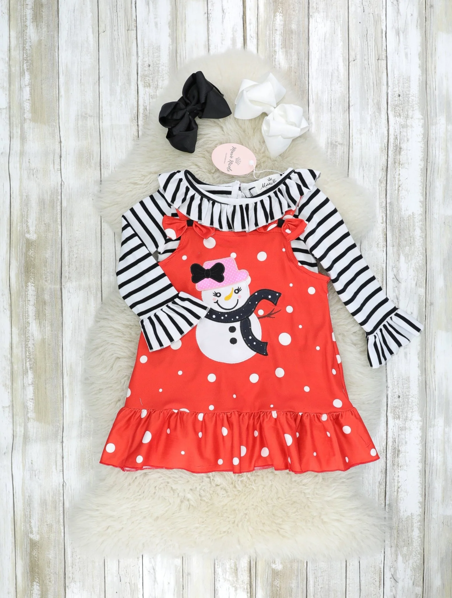 Red Polka Dot Snowman Ruffle Overall Dress