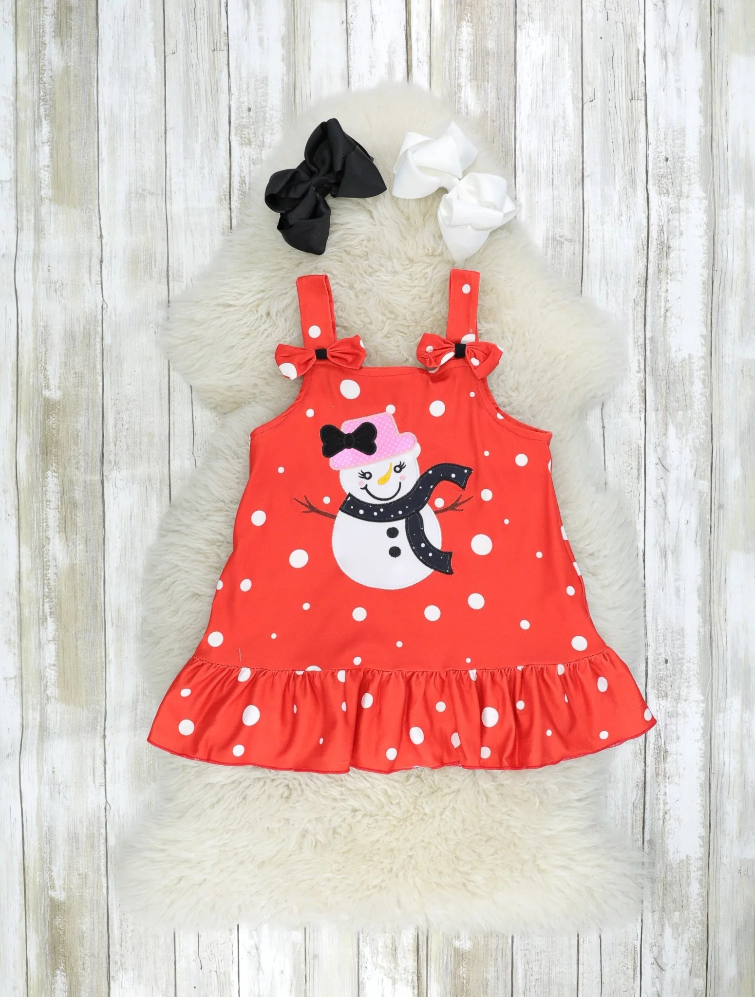 Red Polka Dot Snowman Ruffle Overall Dress - Image 3