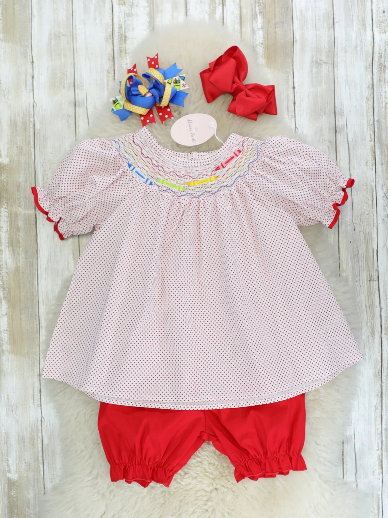 Red Polka Dotted Crayon Smocked Outfit
