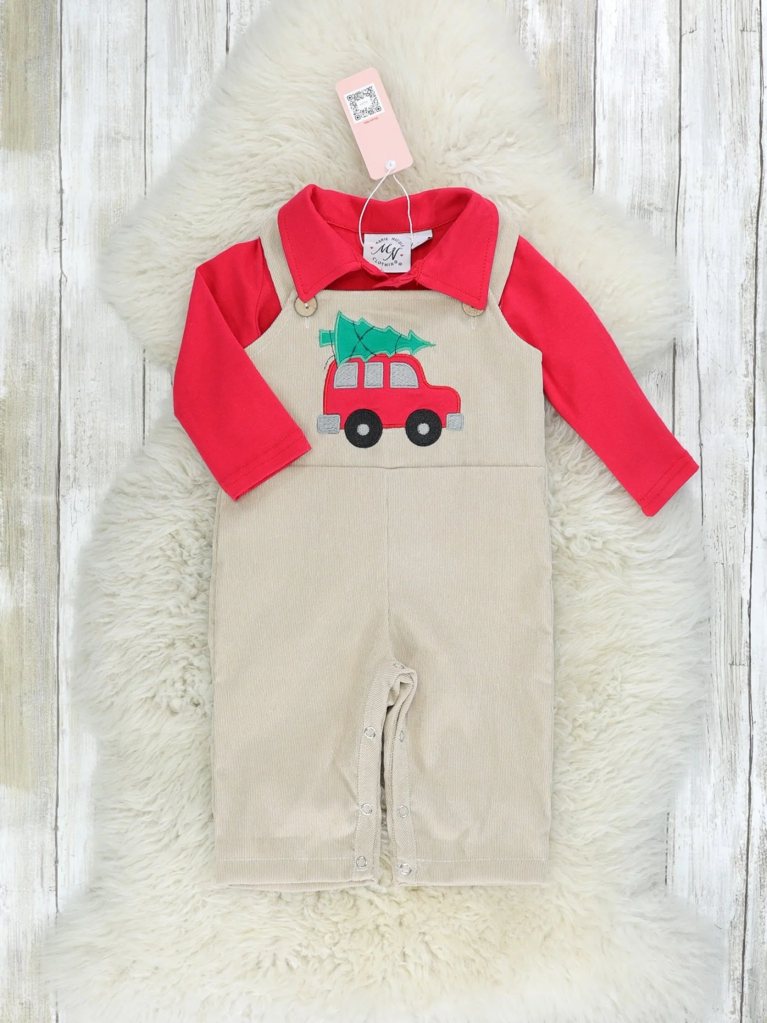 Red Polo & Christmas Tree Overall Outfit - Image 2