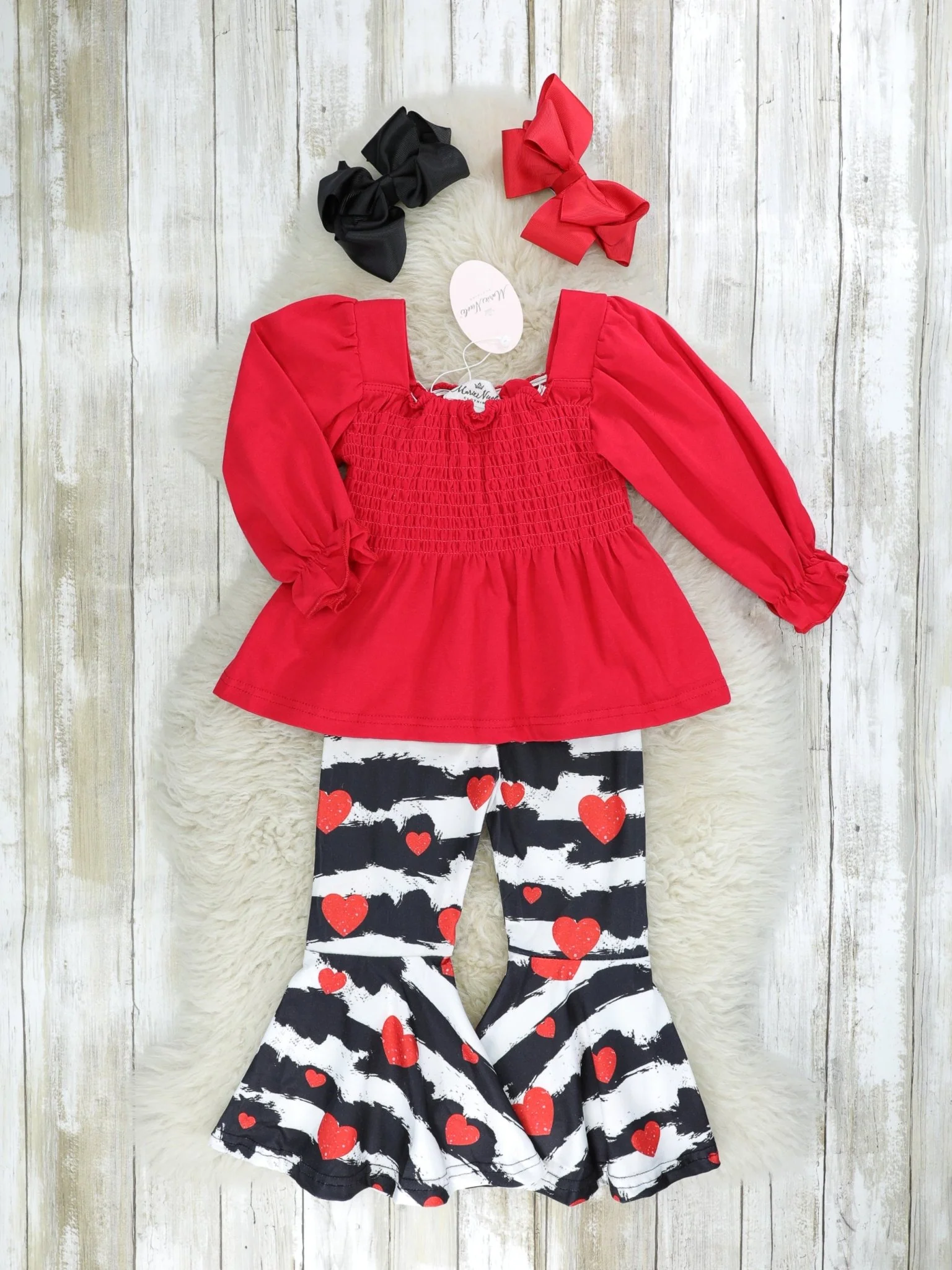 Red Puff Sleeve Top & Striped Heart Bell Bottom Outfit - Image 2