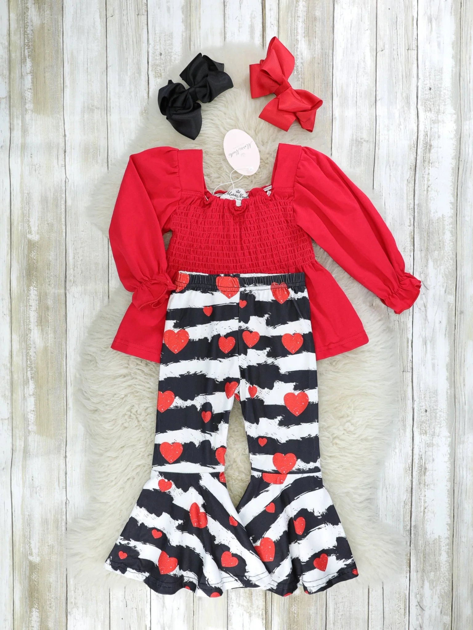 Red Puff Sleeve Top & Striped Heart Bell Bottom Outfit - Image 3