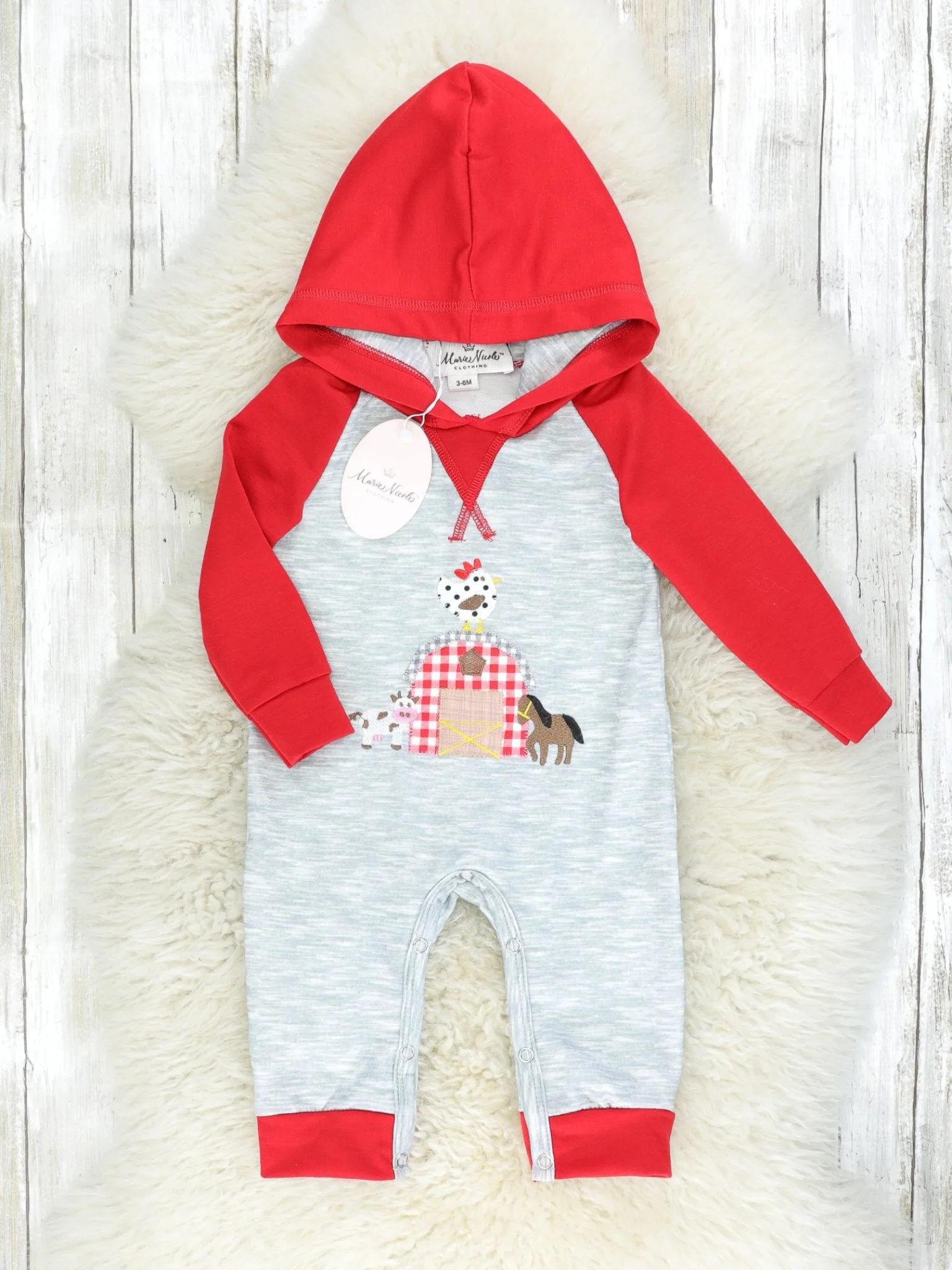 Red Raglan Farm Animal Hooded Romper