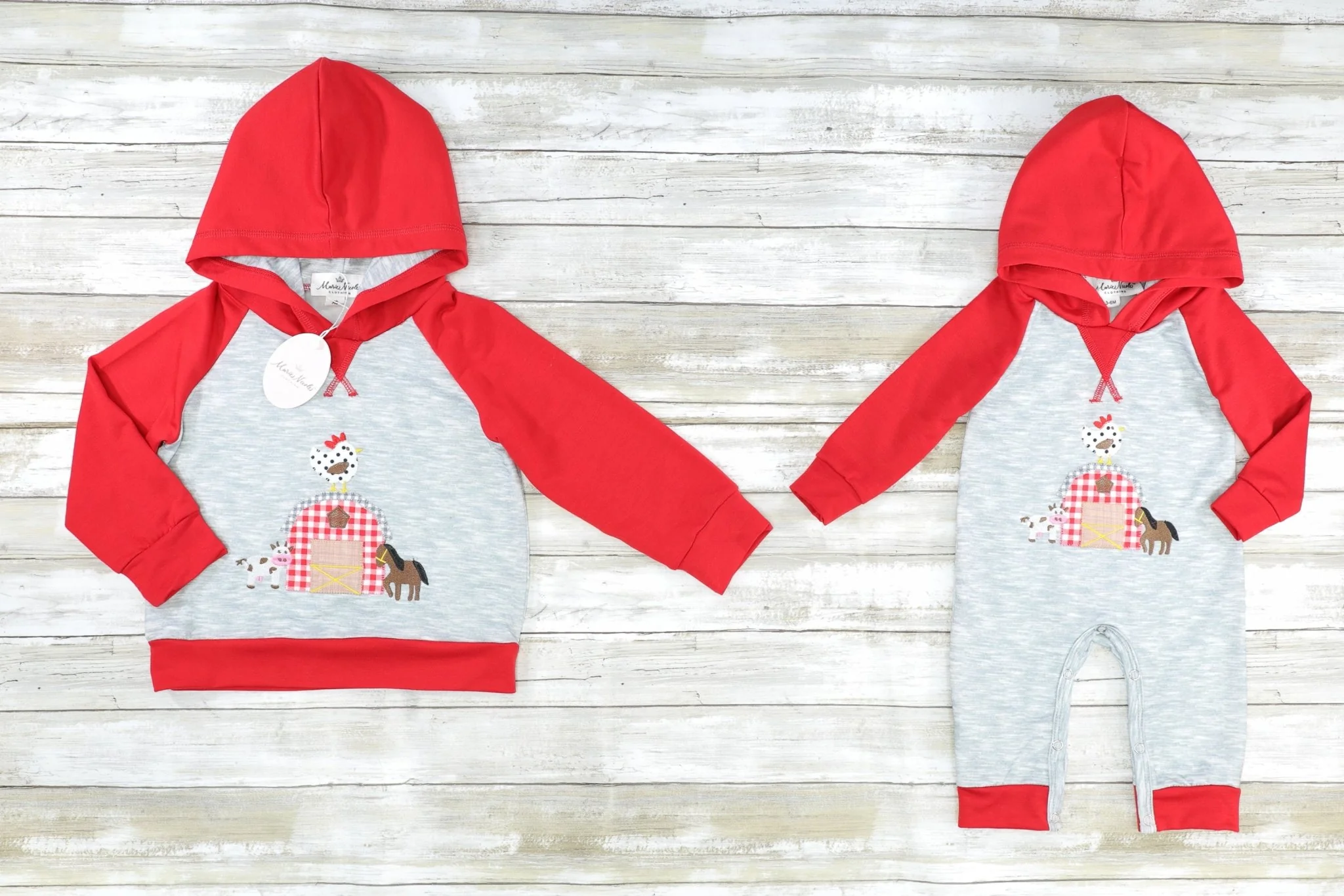 Red Raglan Farm Animal Hooded Romper - Image 2