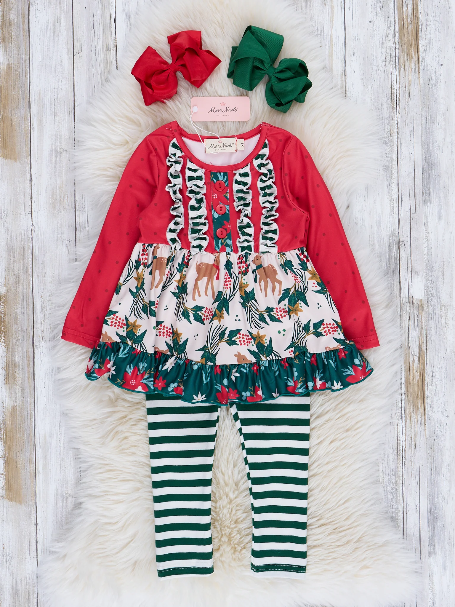 Red Reindeer & Stripes Ruffle Outfit
