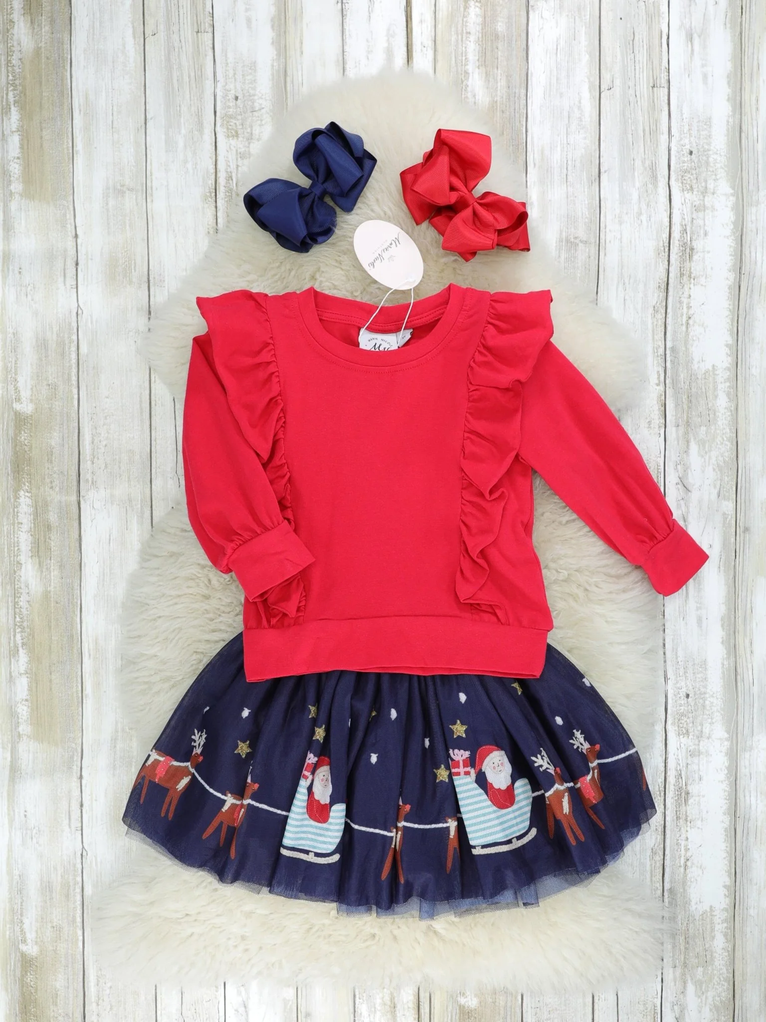 Red Ruffle Top & Tulle Reindeer Skirt Outfit