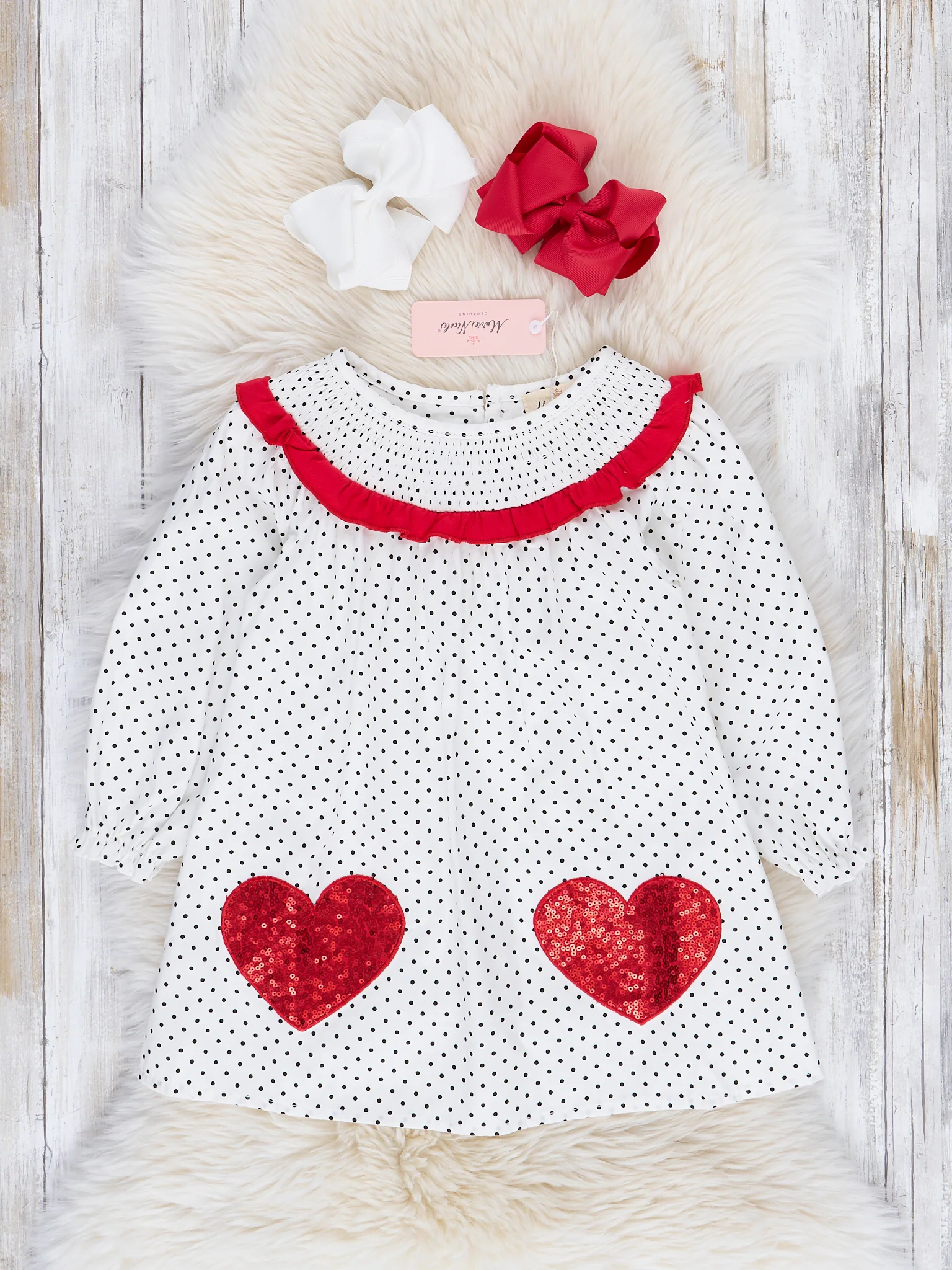 Red Sequin Hearts Smocked Ruffle Dress