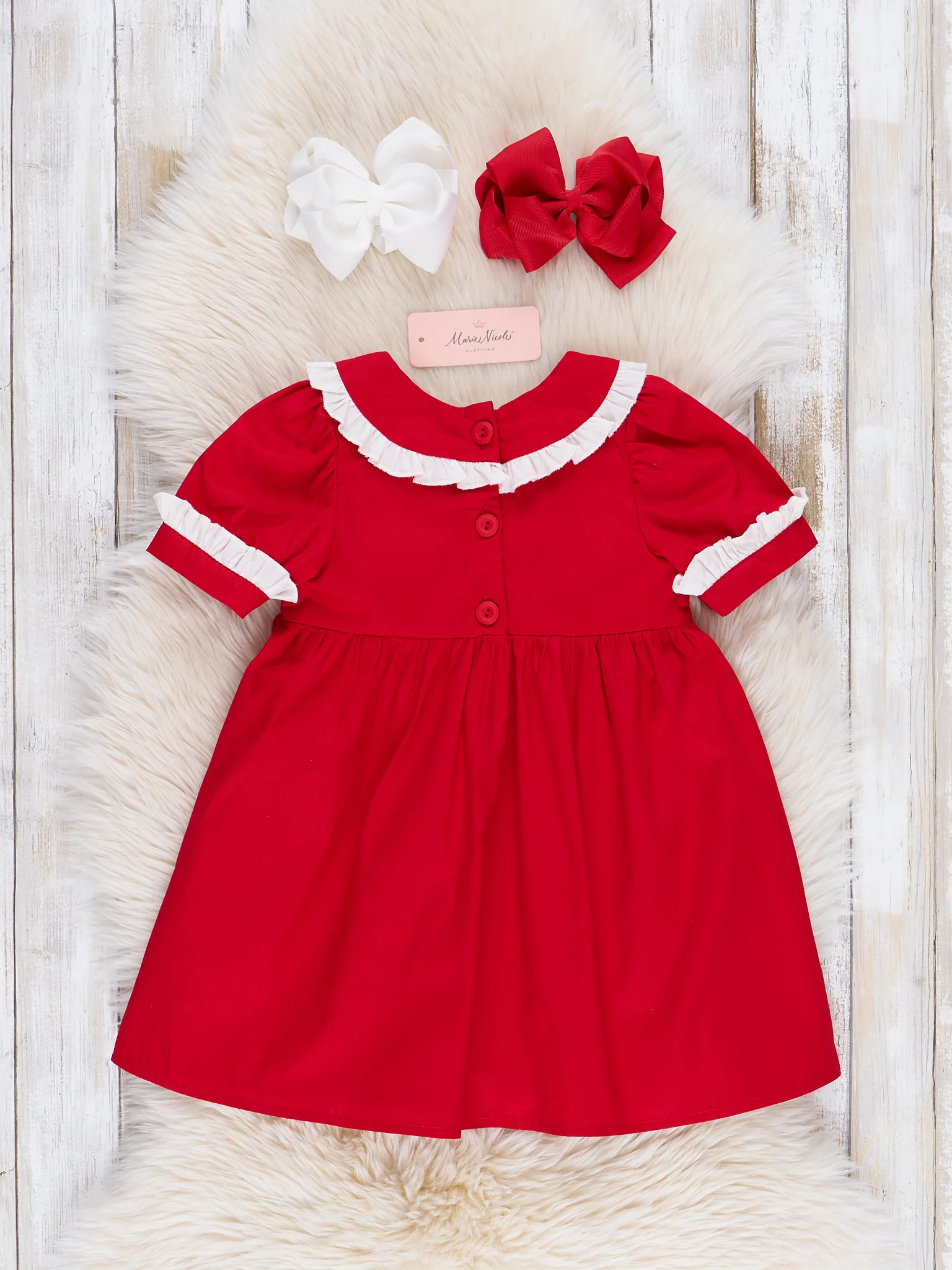 Red Smocked Bows Ruffle Dress - Image 2