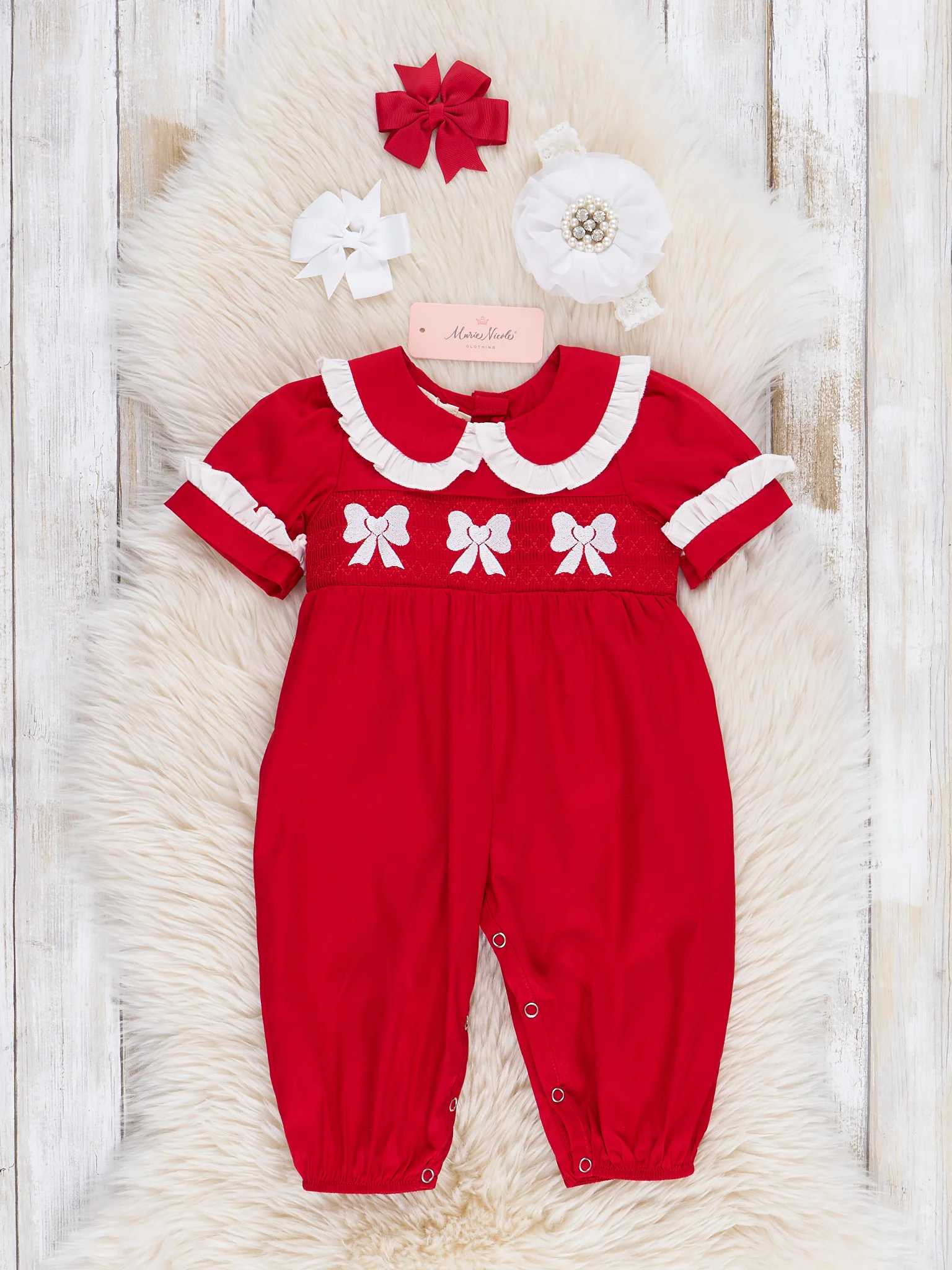 Red Smocked Bows Ruffle Romper