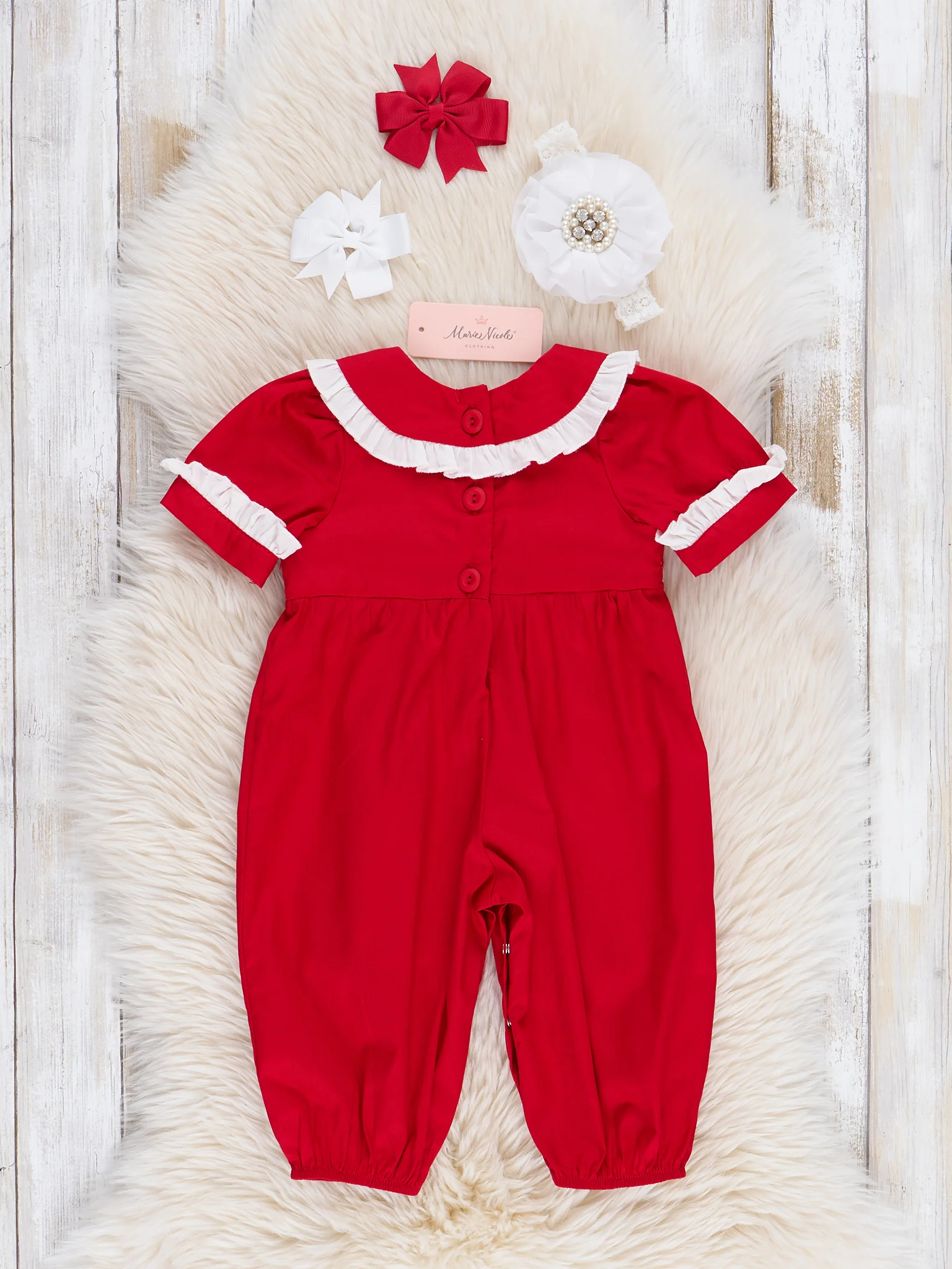 Red Smocked Bows Ruffle Romper - Image 2