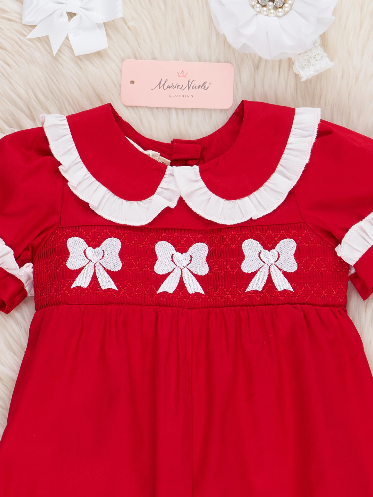 Red Smocked Bows Ruffle Romper - Image 3
