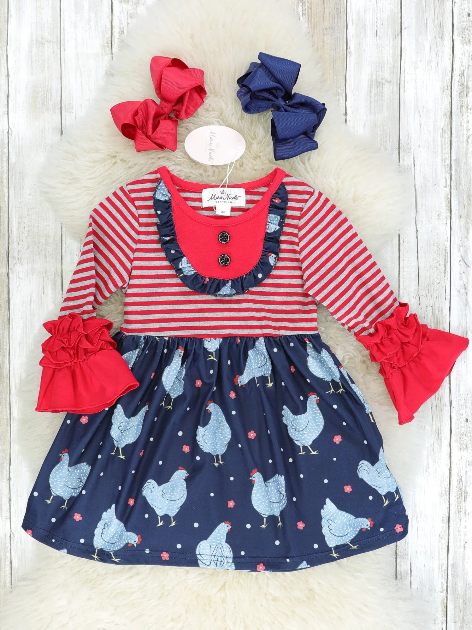 Red Striped Chicken Ruffle Dress