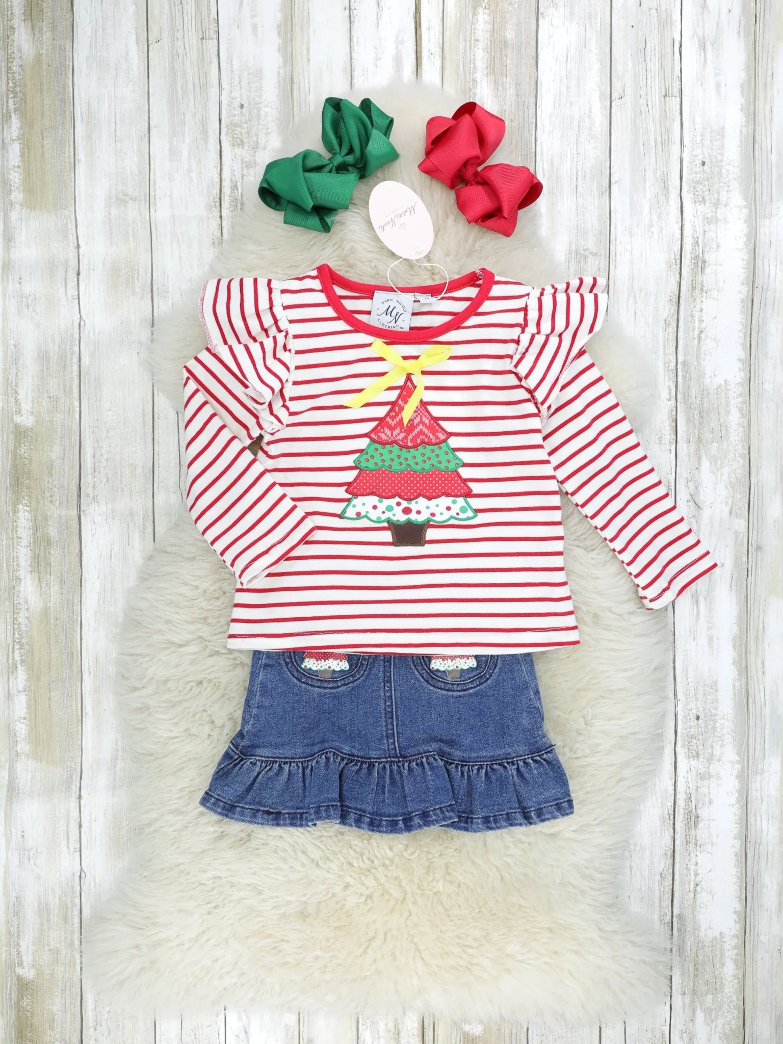 Red Striped Christmas Tree Denim Skirt Outfit